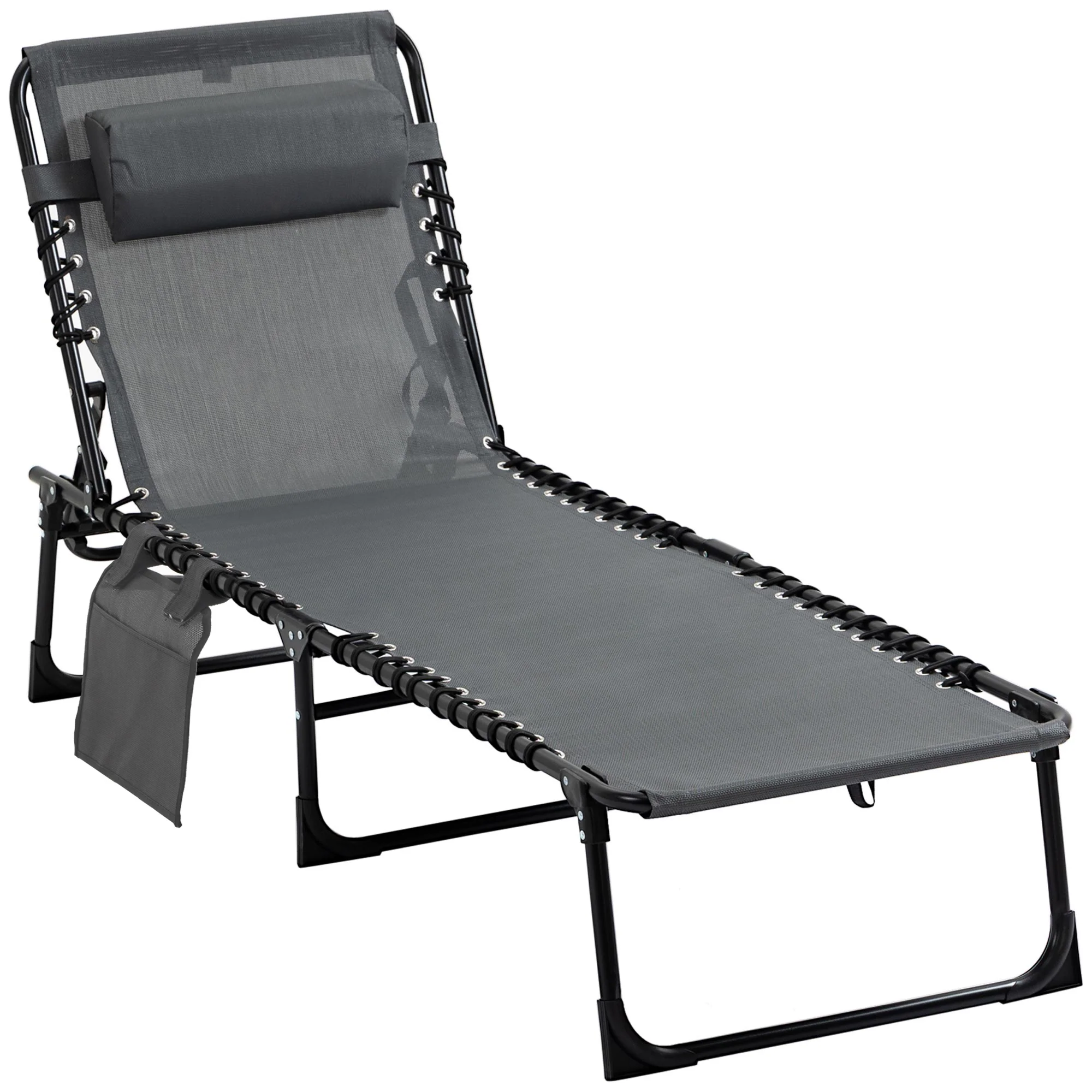 Folding Lounge Chair with Adjustable Backrest and Pillow, Grey - Image 12