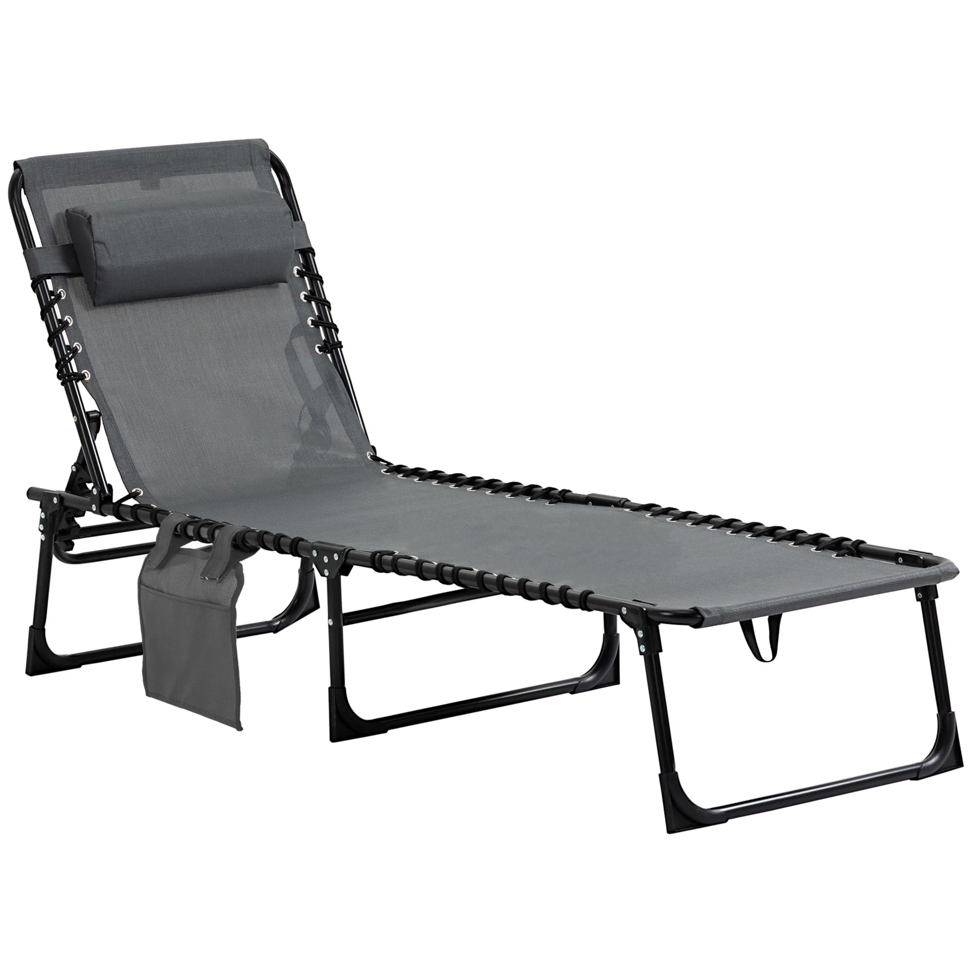 Folding Lounge Chair with Adjustable Backrest and Pillow, Grey - Image 2