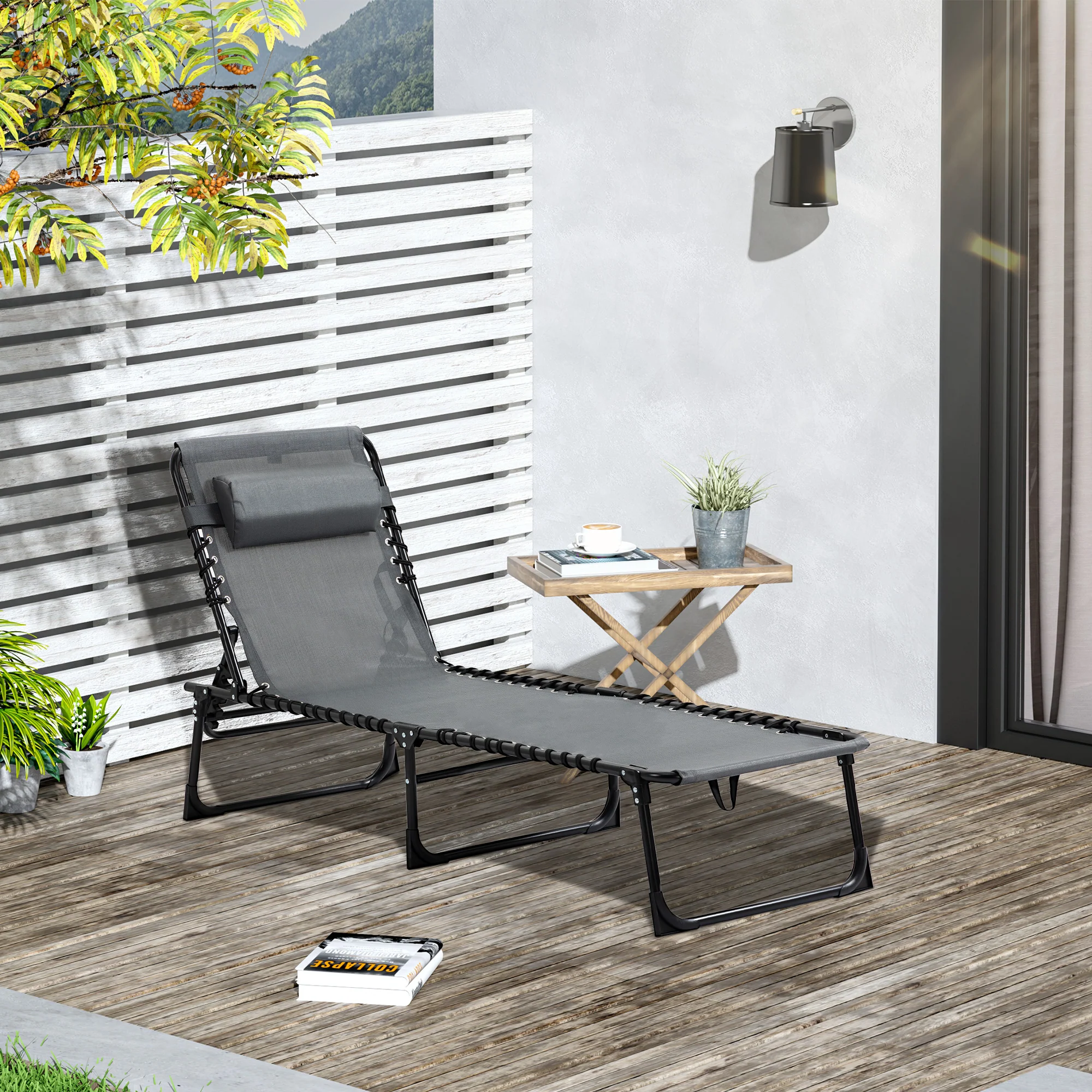 Folding Lounge Chair with Adjustable Backrest and Pillow, Grey - Image 3