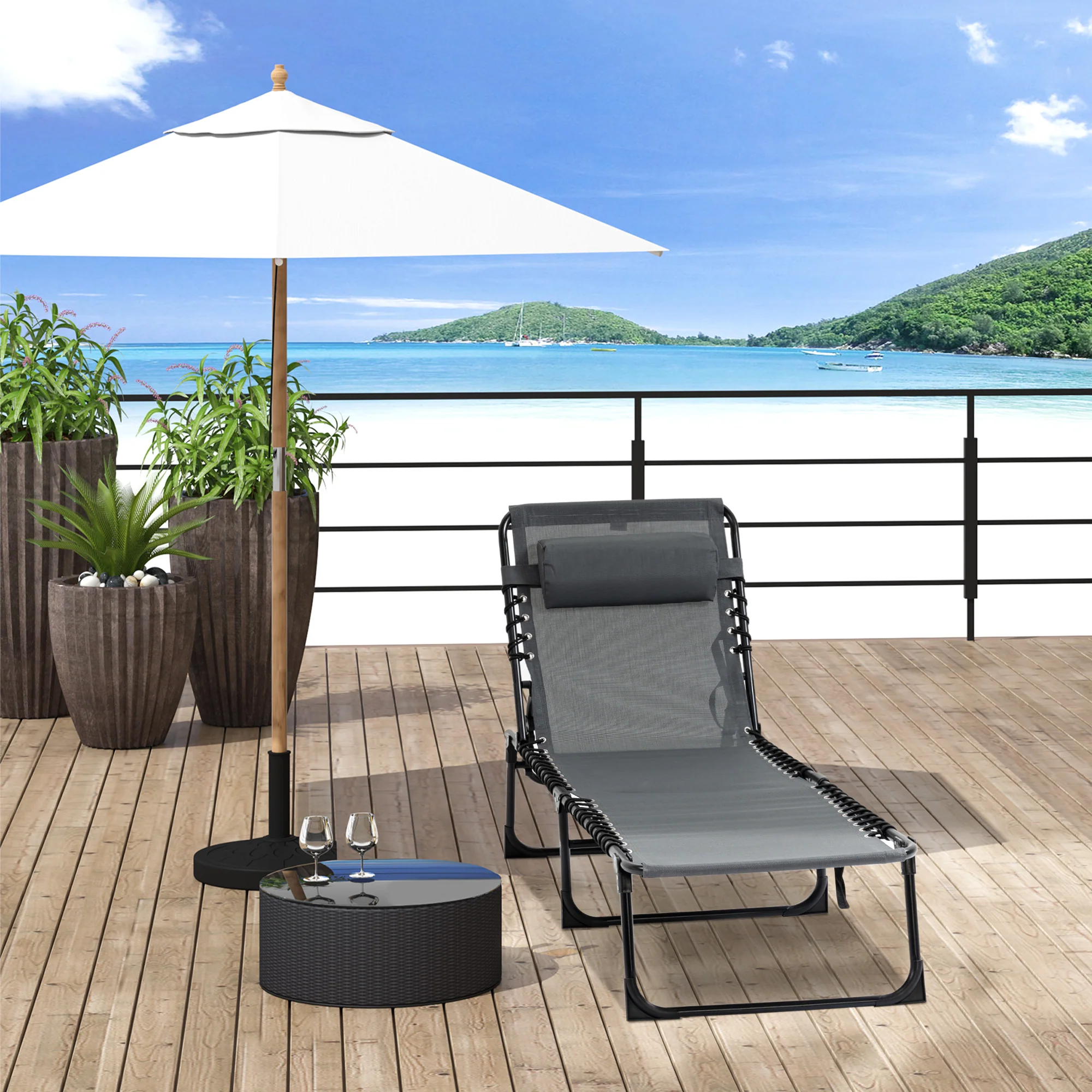 Folding Lounge Chair with Adjustable Backrest and Pillow, Grey - Image 4