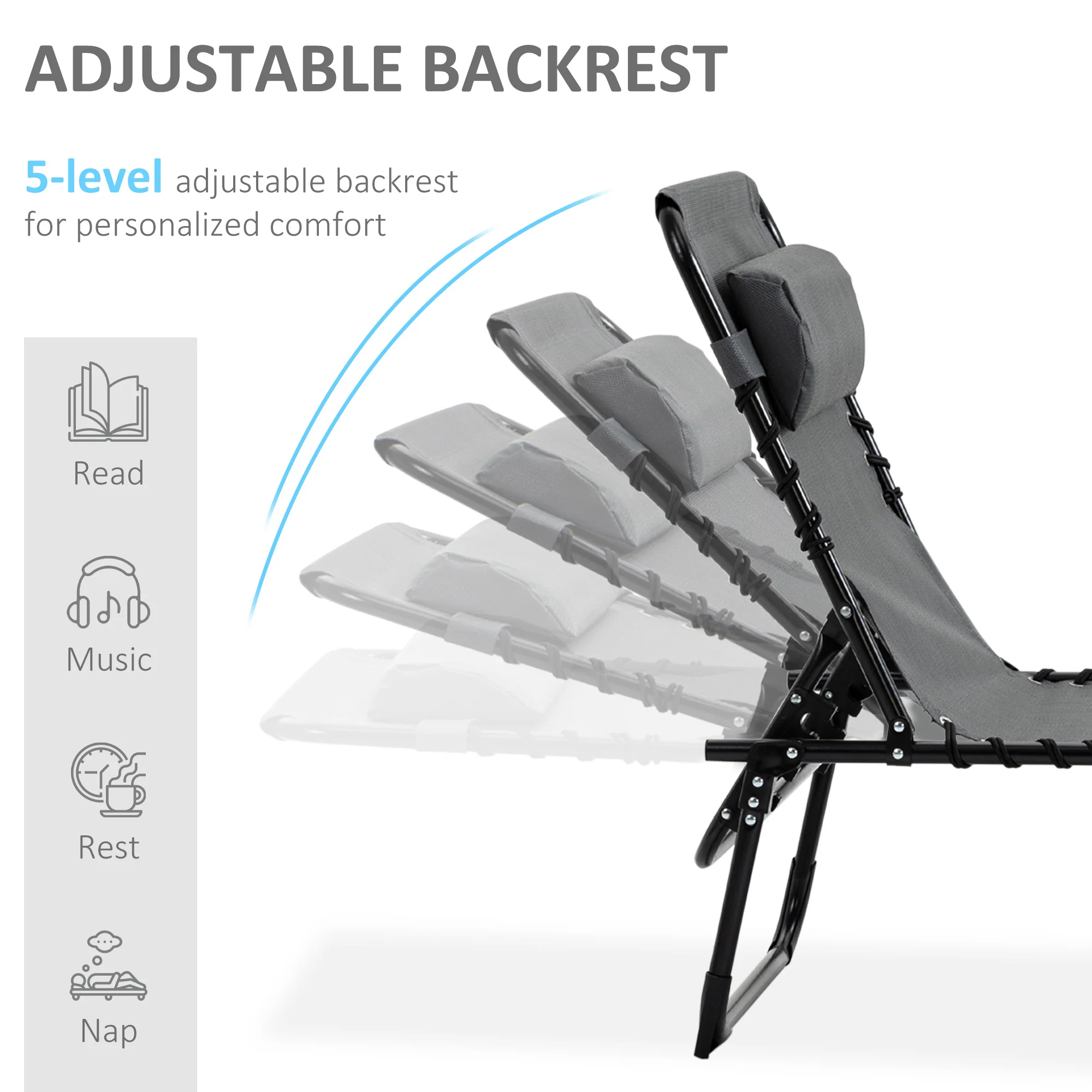 Folding Lounge Chair with Adjustable Backrest and Pillow, Grey - Image 6