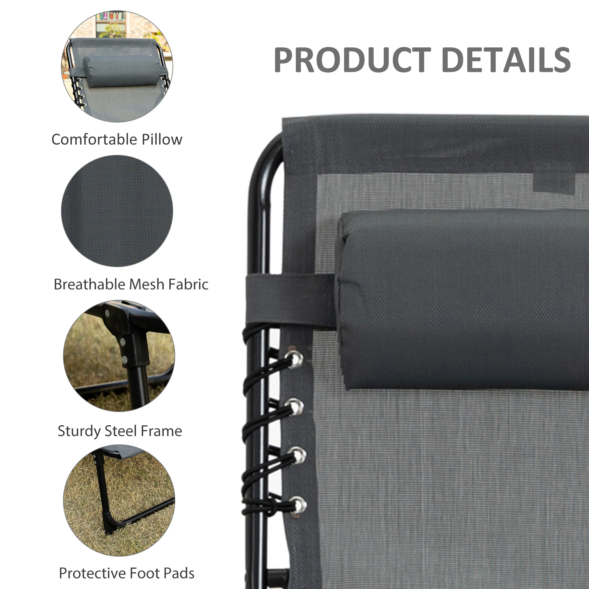 Folding Lounge Chair with Adjustable Backrest and Pillow, Grey - Image 7