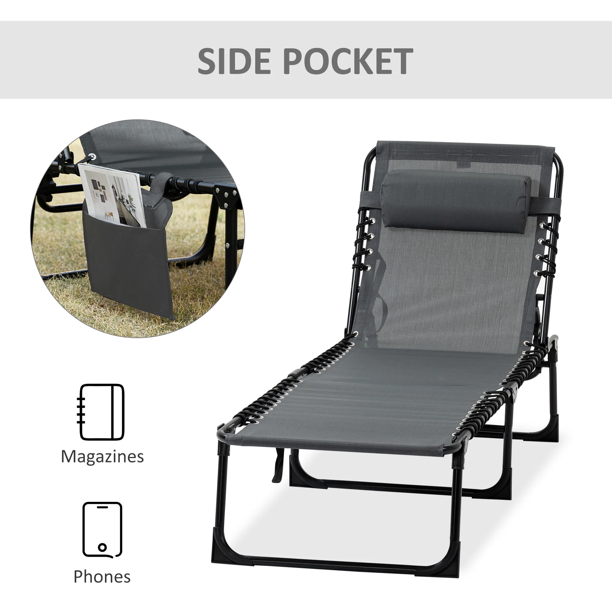 Folding Lounge Chair with Adjustable Backrest and Pillow, Grey - Image 9
