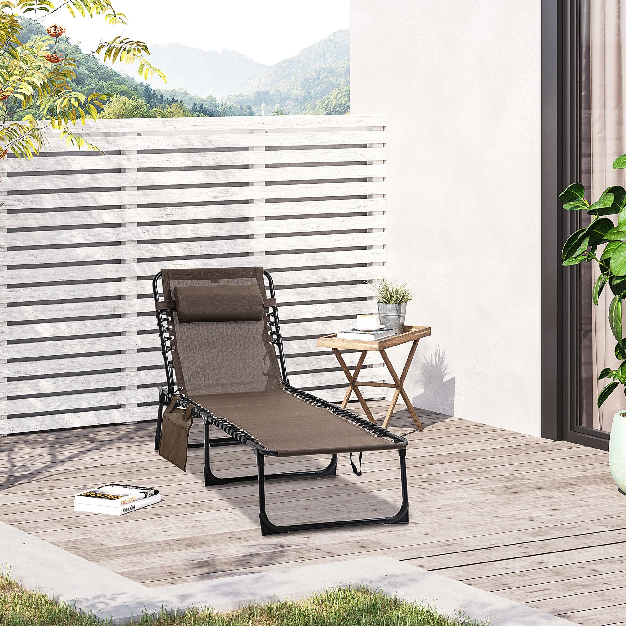 Folding Lounge Chair with Adjustable Backrest and Pillow, Brown - Image 4