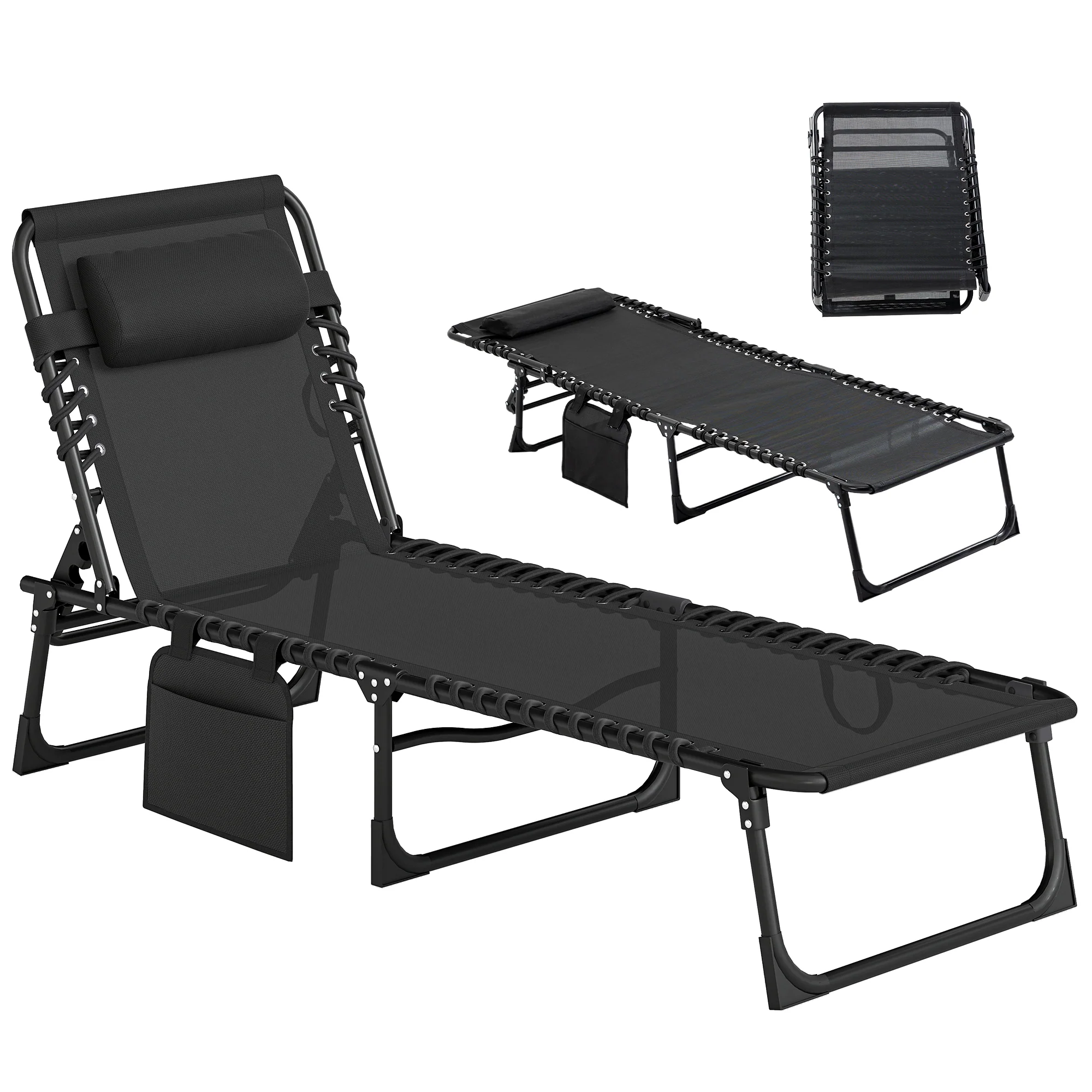 Folding Lounge Chair with Adjustable Backrest and Pillow, Black