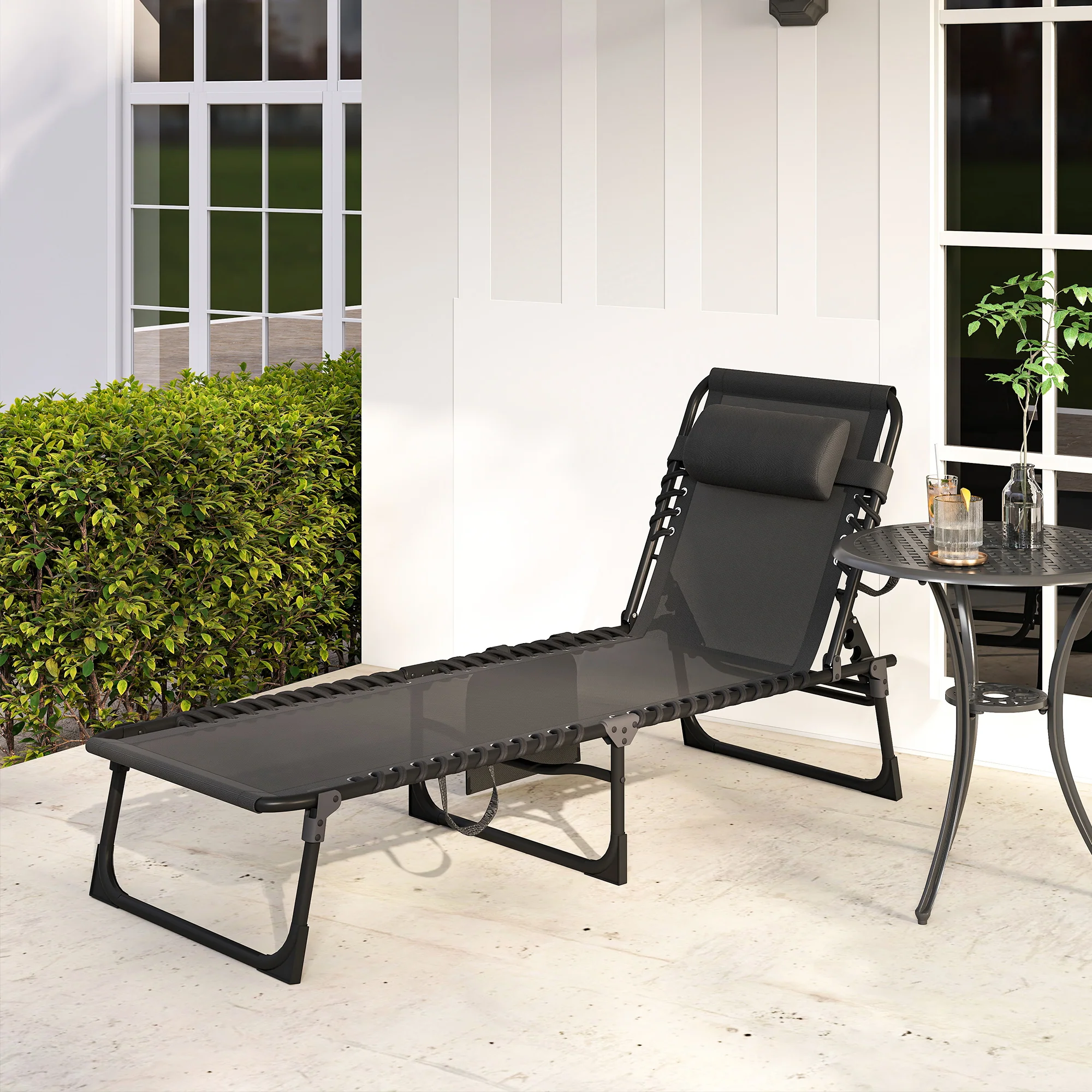 Folding Lounge Chair with Adjustable Backrest and Pillow, Black - Image 10