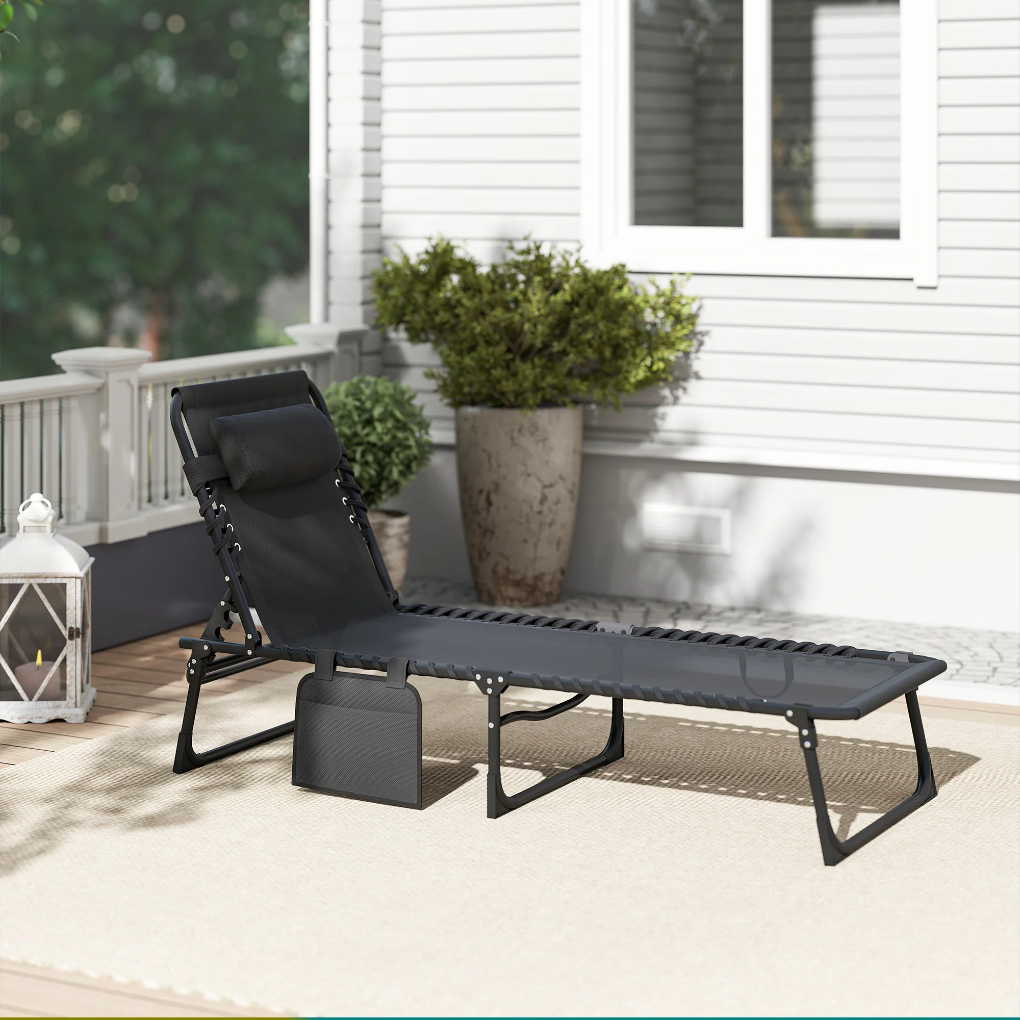 Folding Lounge Chair with Adjustable Backrest and Pillow, Black - Image 11