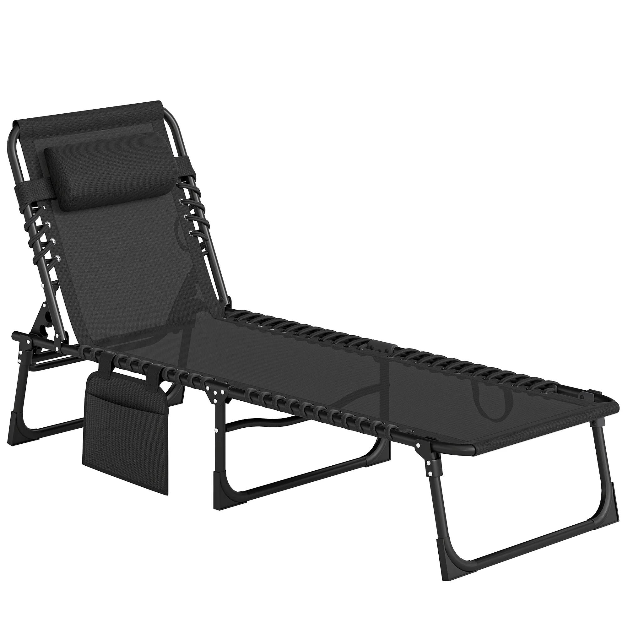 Folding Lounge Chair with Adjustable Backrest and Pillow, Black - Image 12