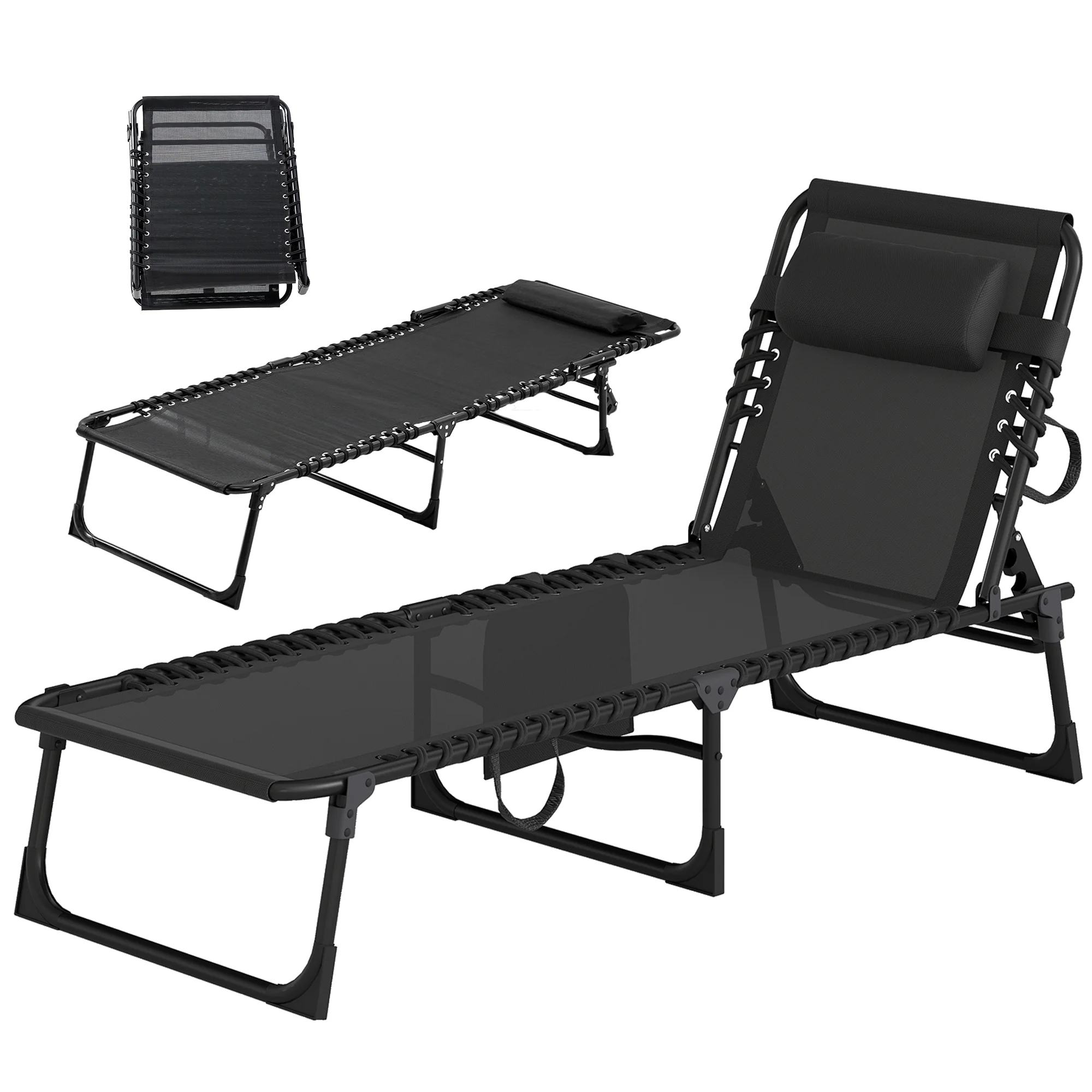 Folding Lounge Chair with Adjustable Backrest and Pillow, Black - Image 2