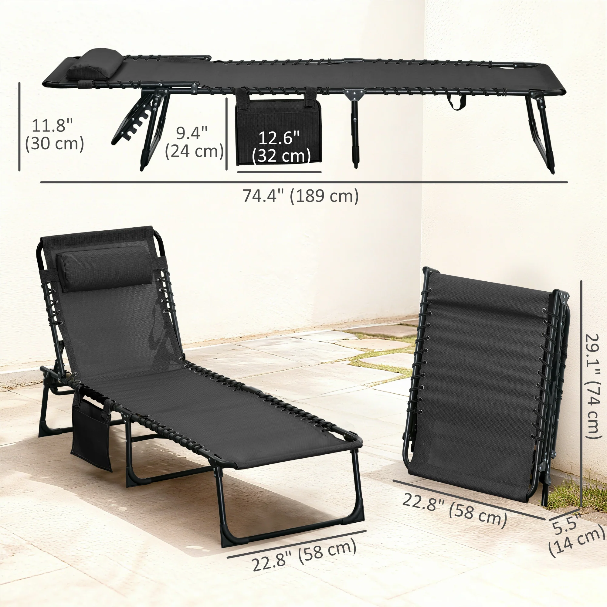 Folding Lounge Chair with Adjustable Backrest and Pillow, Black - Image 5