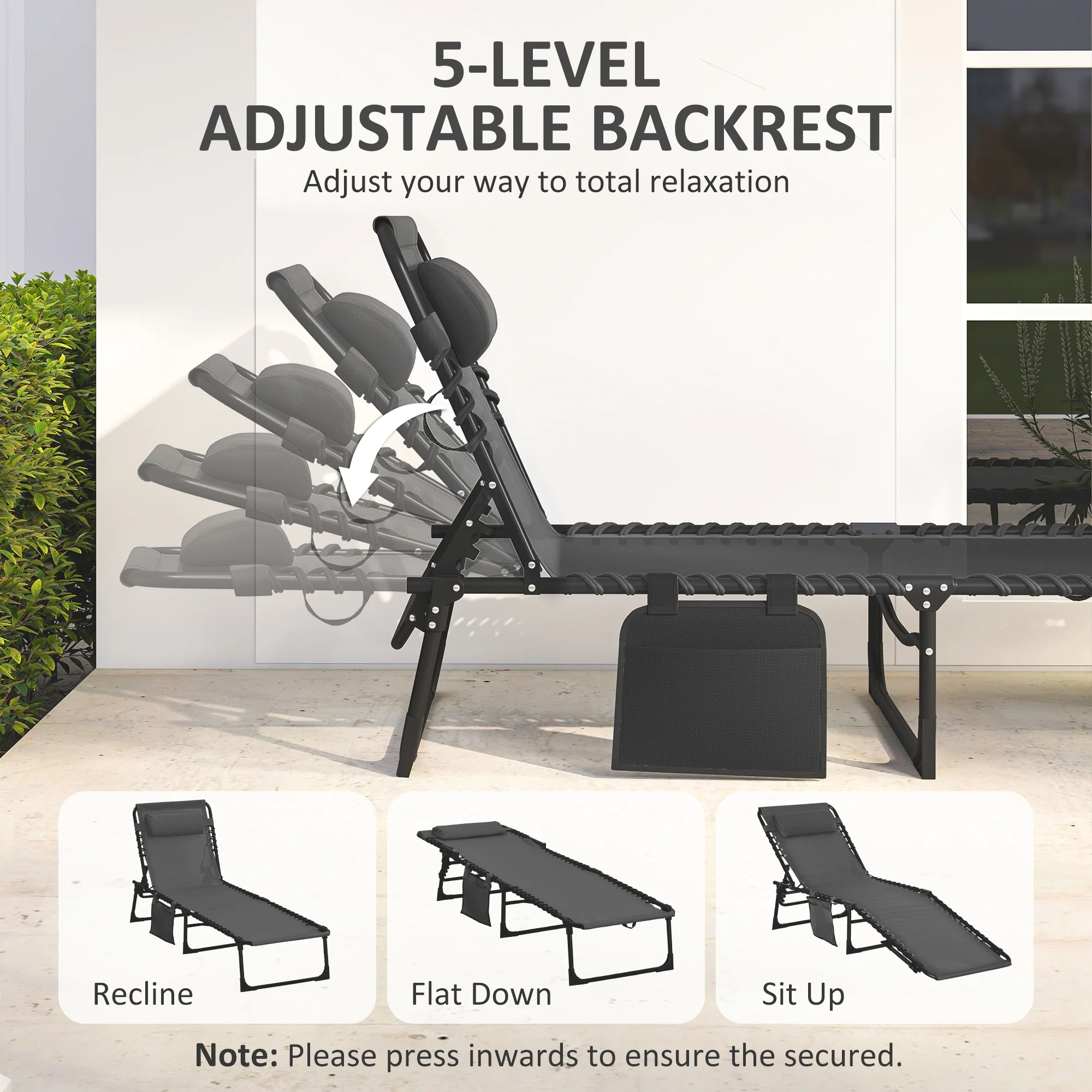 Folding Lounge Chair with Adjustable Backrest and Pillow, Black - Image 6