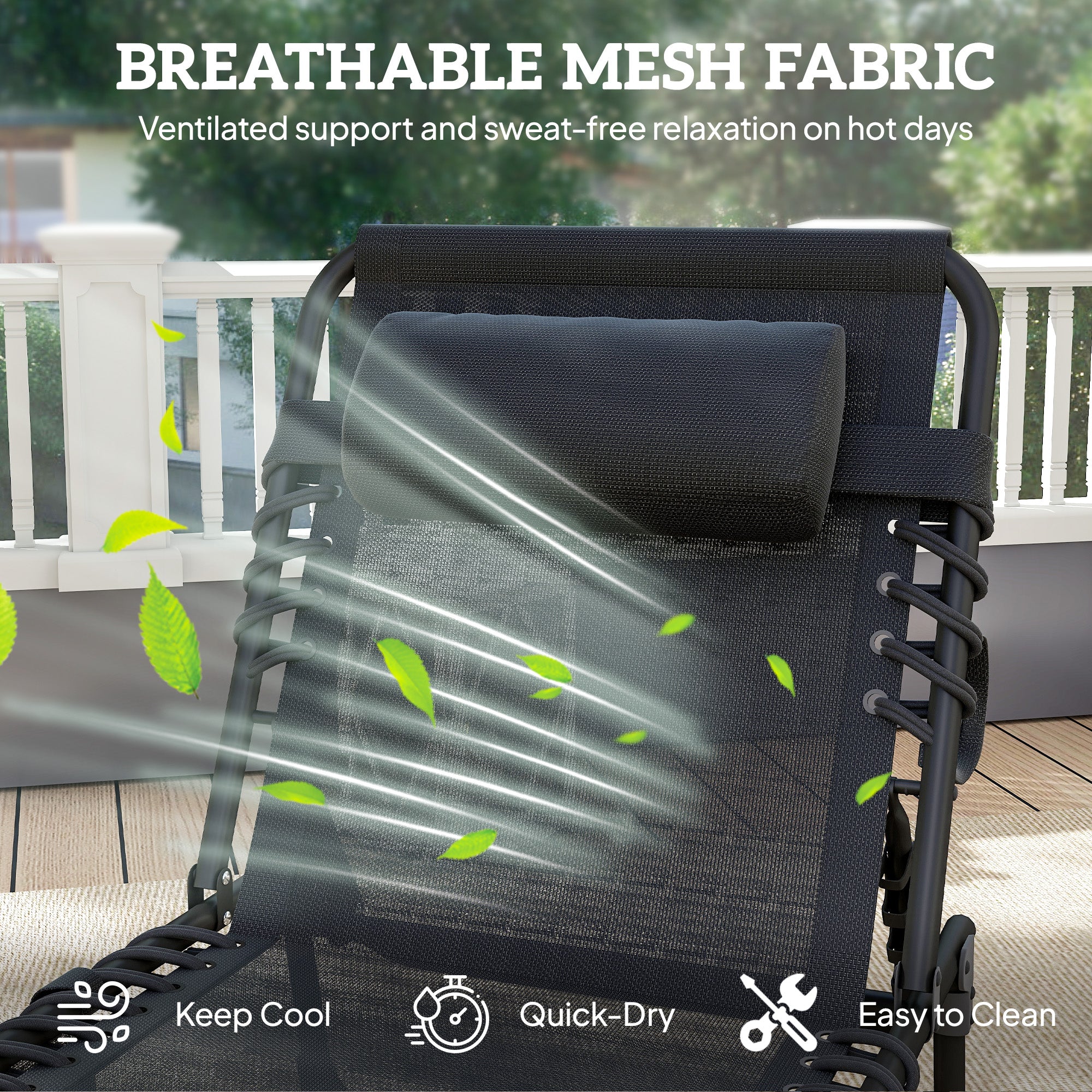 Folding Lounge Chair with Adjustable Backrest and Pillow, Black - Image 7
