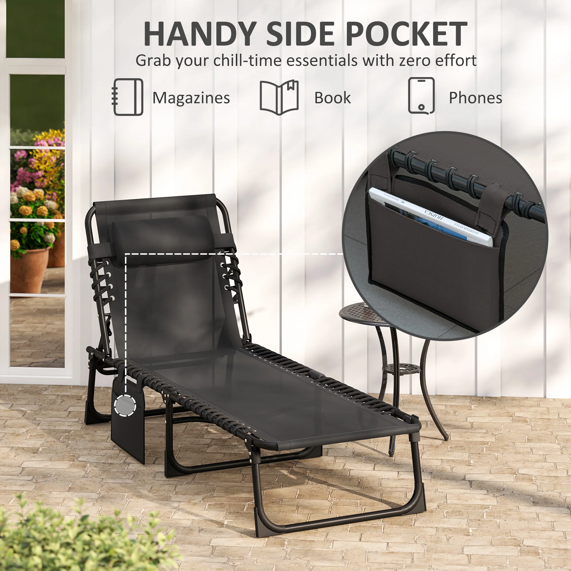 Folding Lounge Chair with Adjustable Backrest and Pillow, Black - Image 9