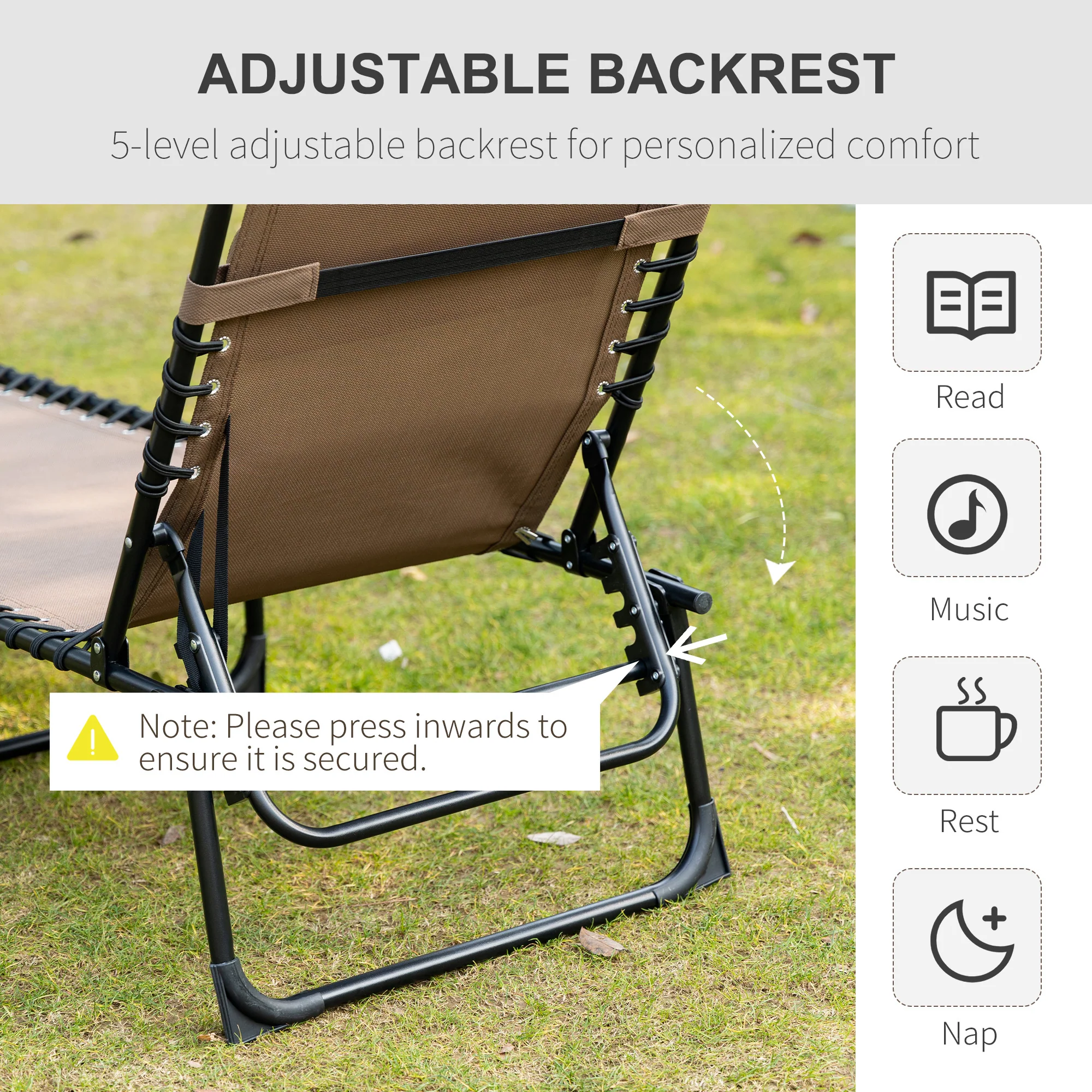 Folding Lounge Chair with Adjustable Backrest and Pillow, Brown - Image 6