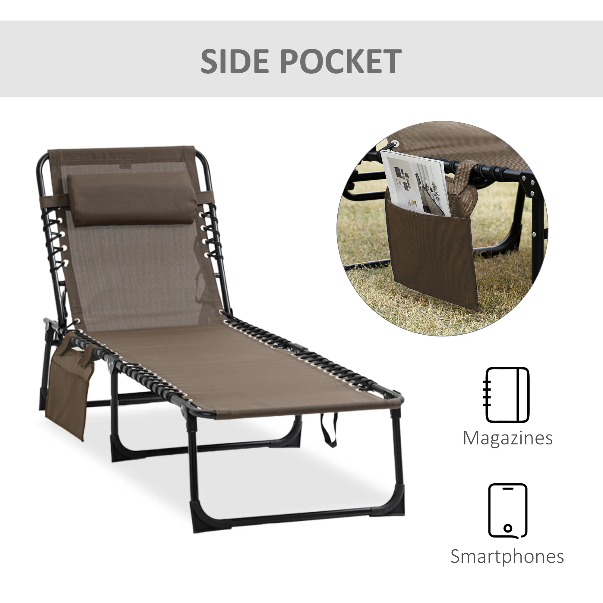 Folding Lounge Chair with Adjustable Backrest and Pillow, Brown - Image 9