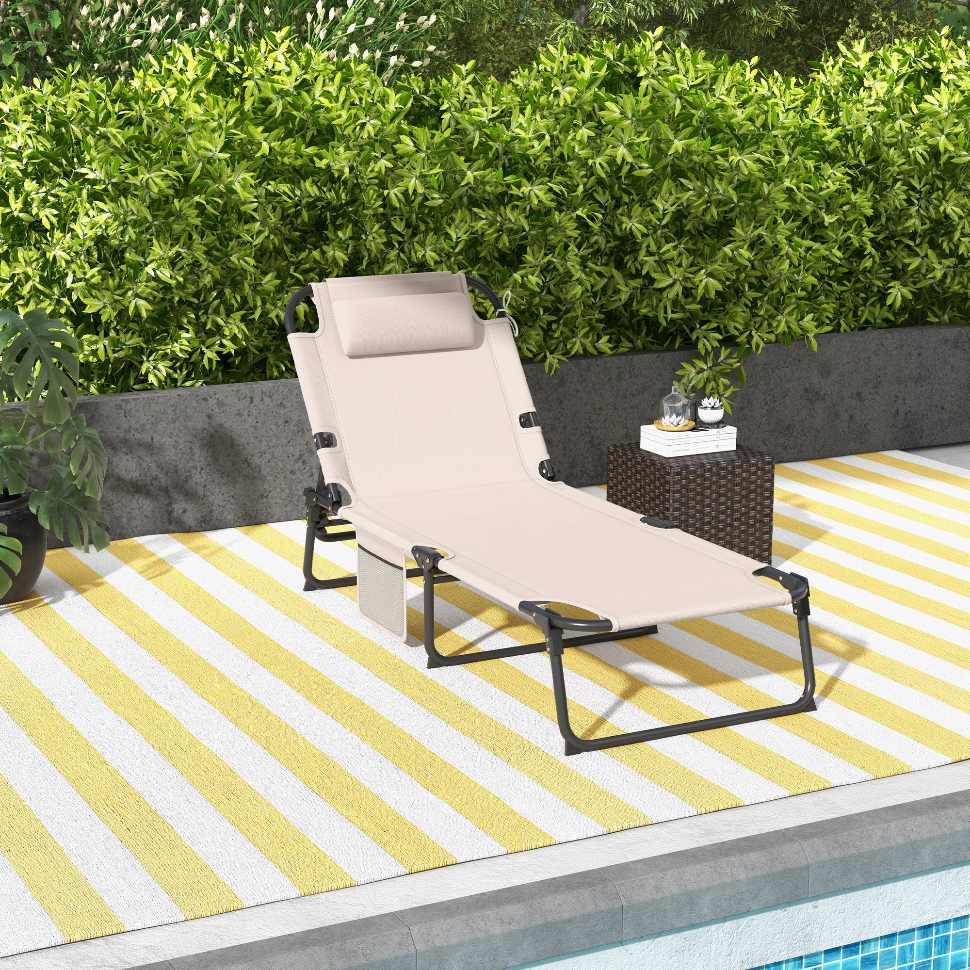 Folding Portable Lounge Chair with 4-level Reclining Back & Cushion for Garden, Beige - Image 4