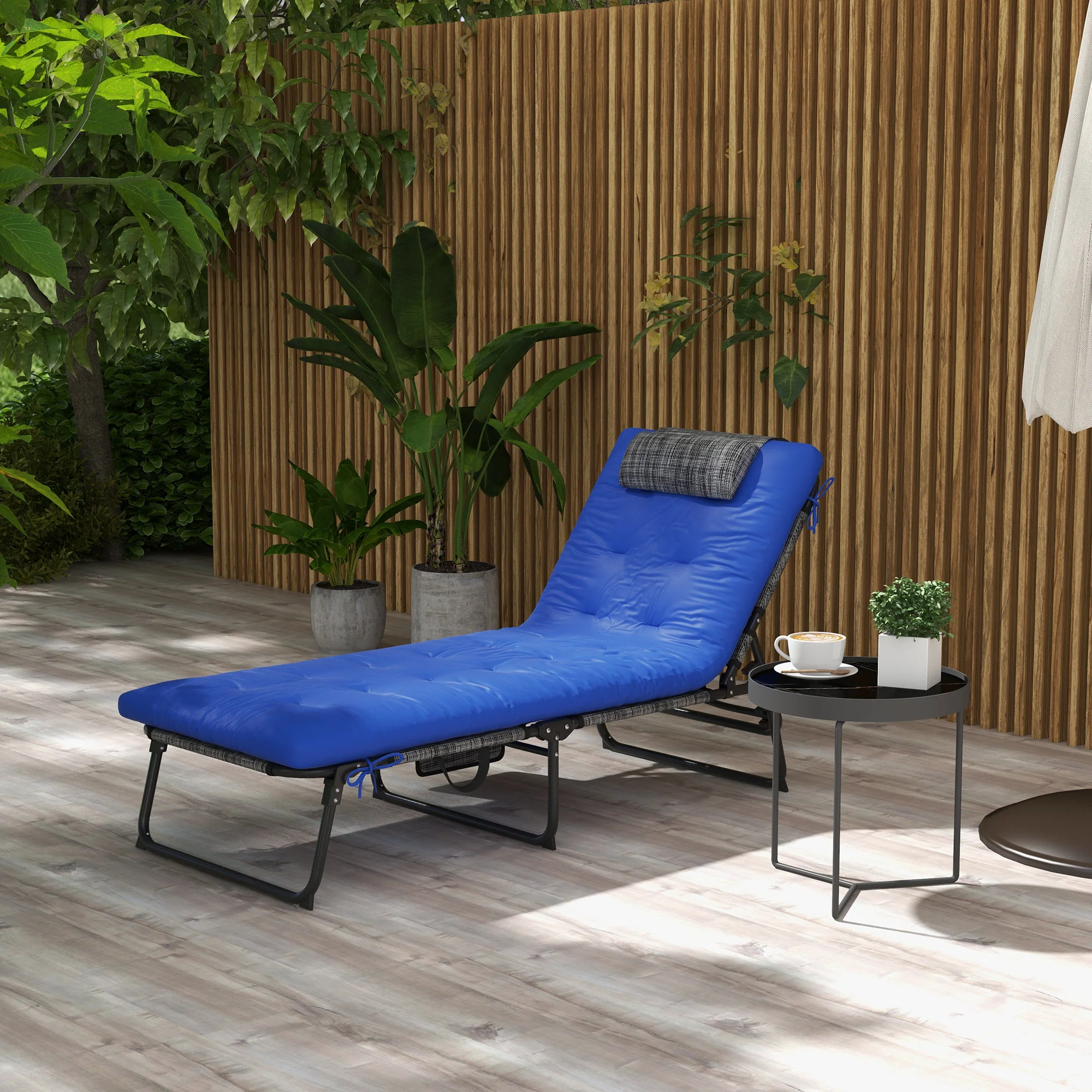 Folding Portable Lounge Chair with 4-level Reclining Back & Cushion for Garden, Blue - Image 3