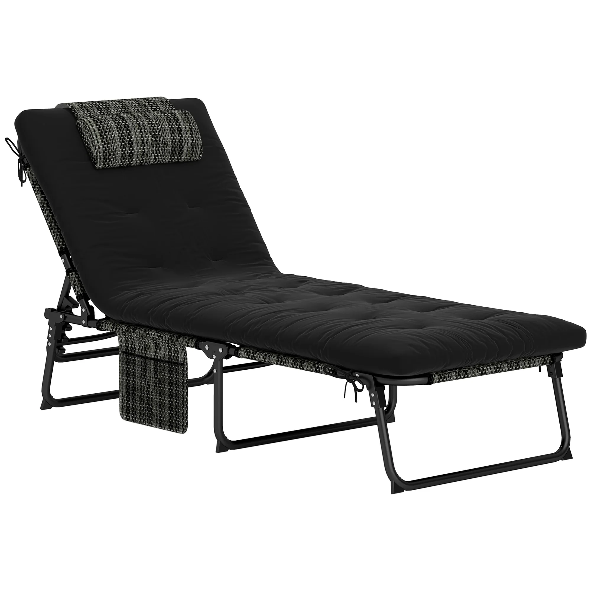 Folding Portable Lounge Chair with 4-level Reclining Back & Cushion for Garden, Black