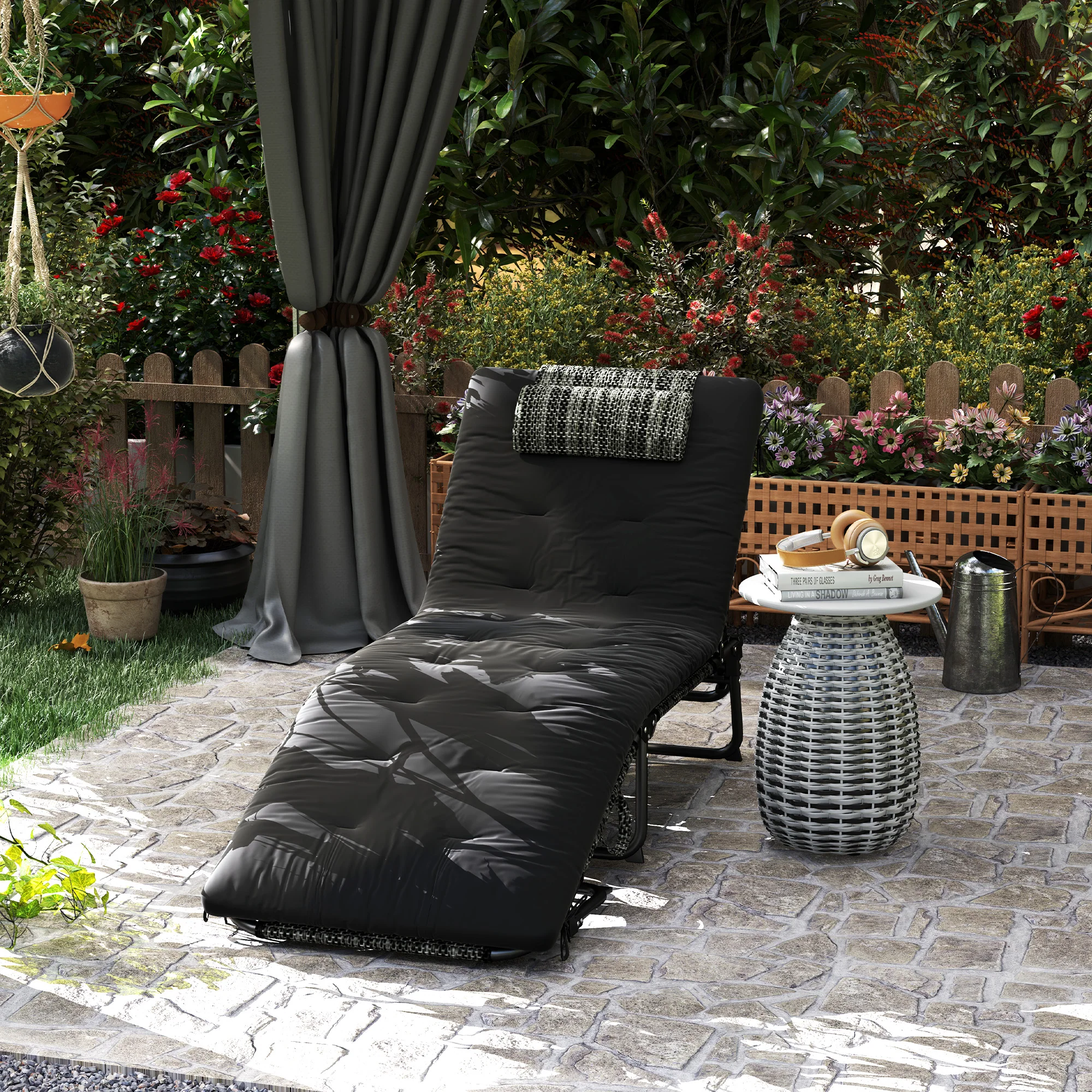 Folding Portable Lounge Chair with 4-level Reclining Back & Cushion for Garden, Black - Image 10