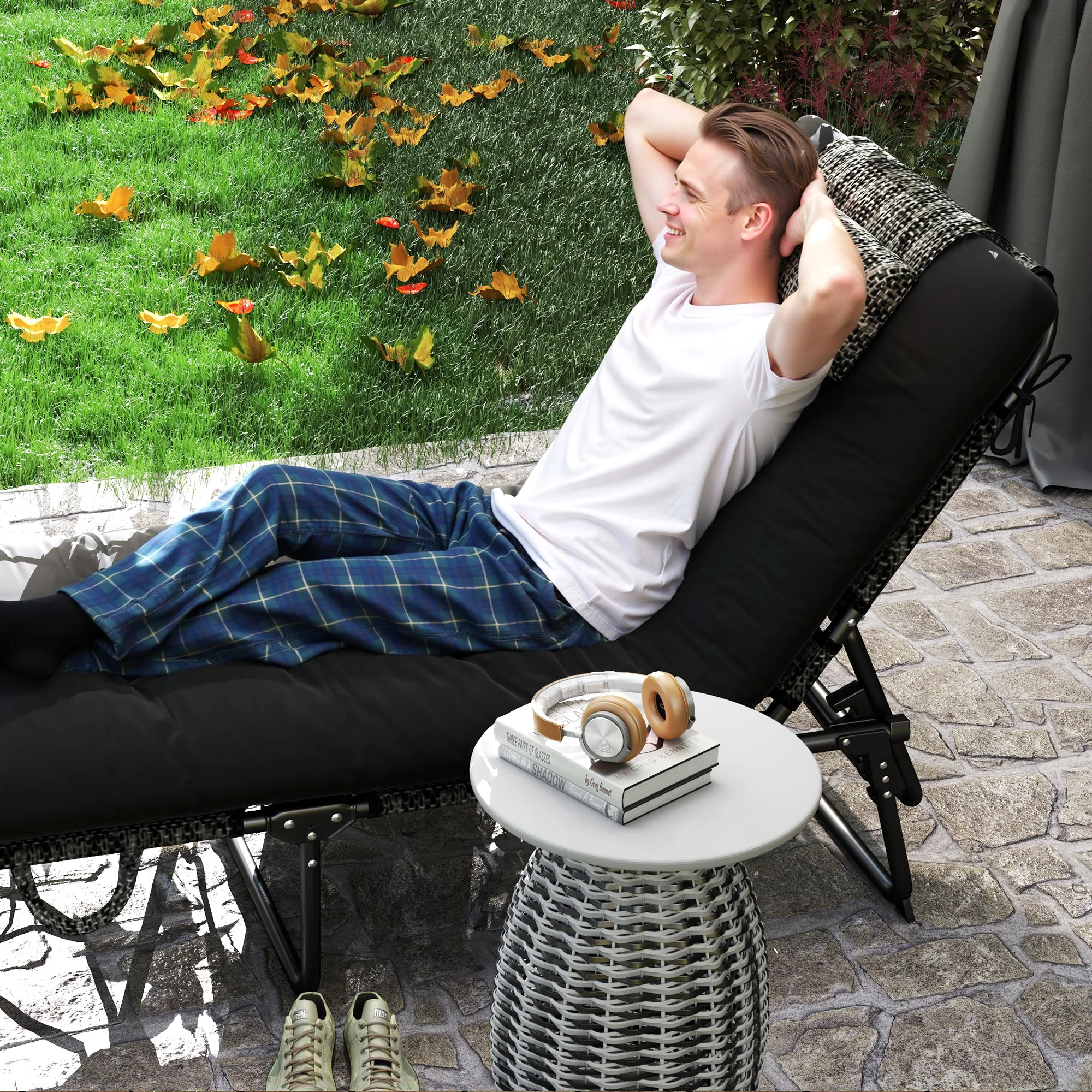 Folding Portable Lounge Chair with 4-level Reclining Back & Cushion for Garden, Black - Image 11