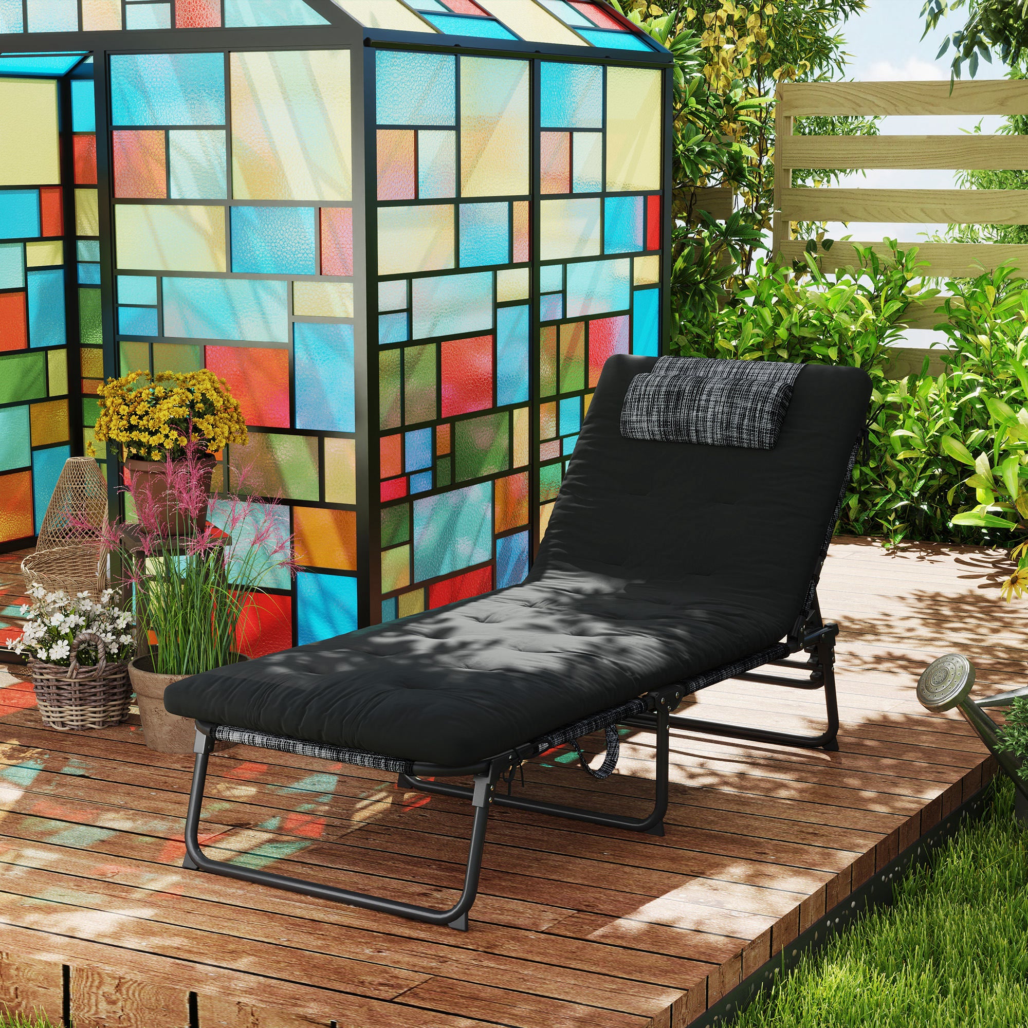 Folding Portable Lounge Chair with 4-level Reclining Back & Cushion for Garden, Black - Image 4