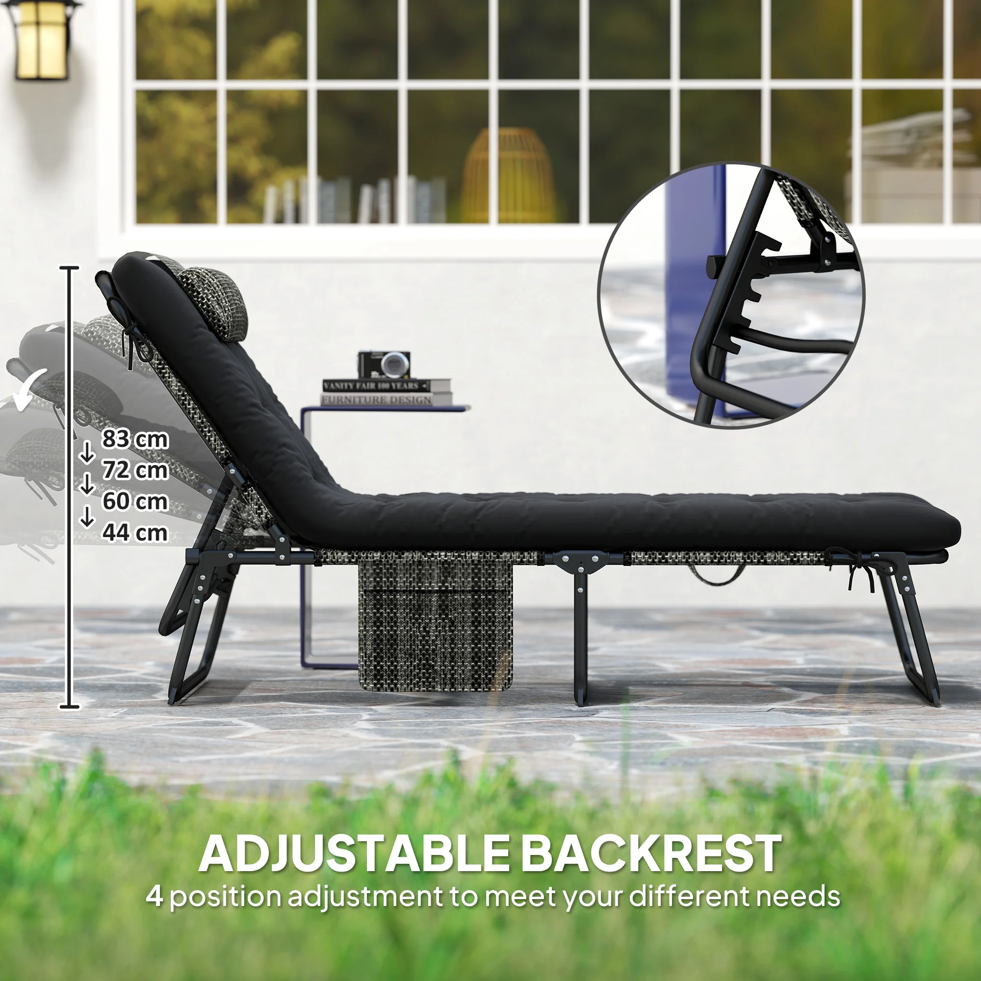 Folding Portable Lounge Chair with 4-level Reclining Back & Cushion for Garden, Black - Image 6