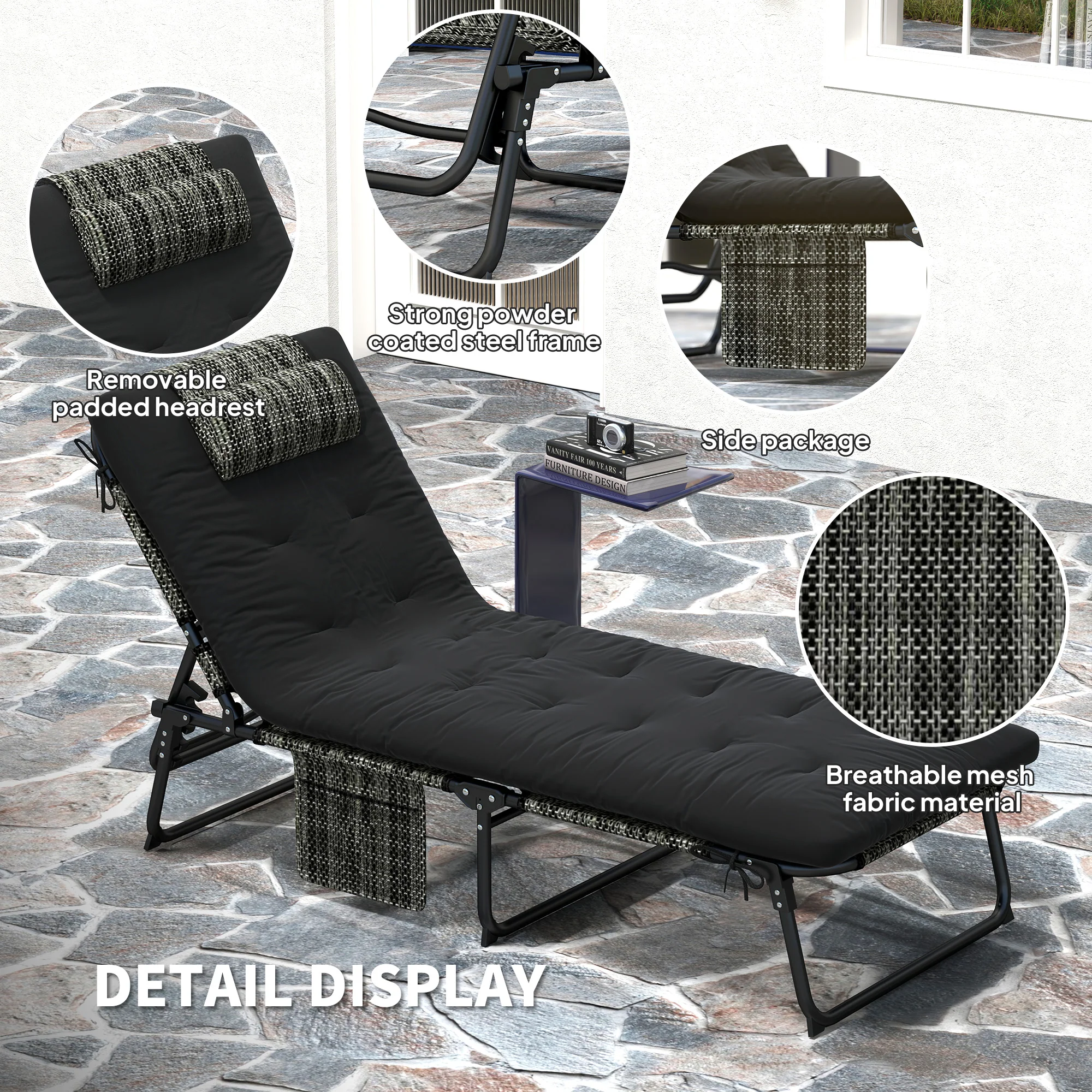Folding Portable Lounge Chair with 4-level Reclining Back & Cushion for Garden, Black - Image 8