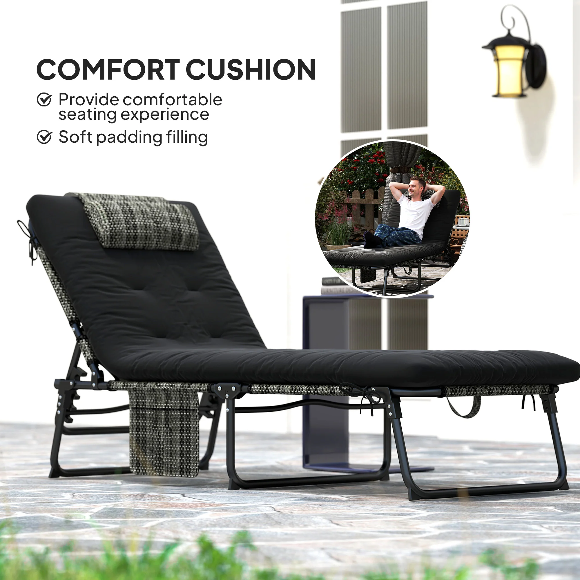 Folding Portable Lounge Chair with 4-level Reclining Back & Cushion for Garden, Black - Image 9
