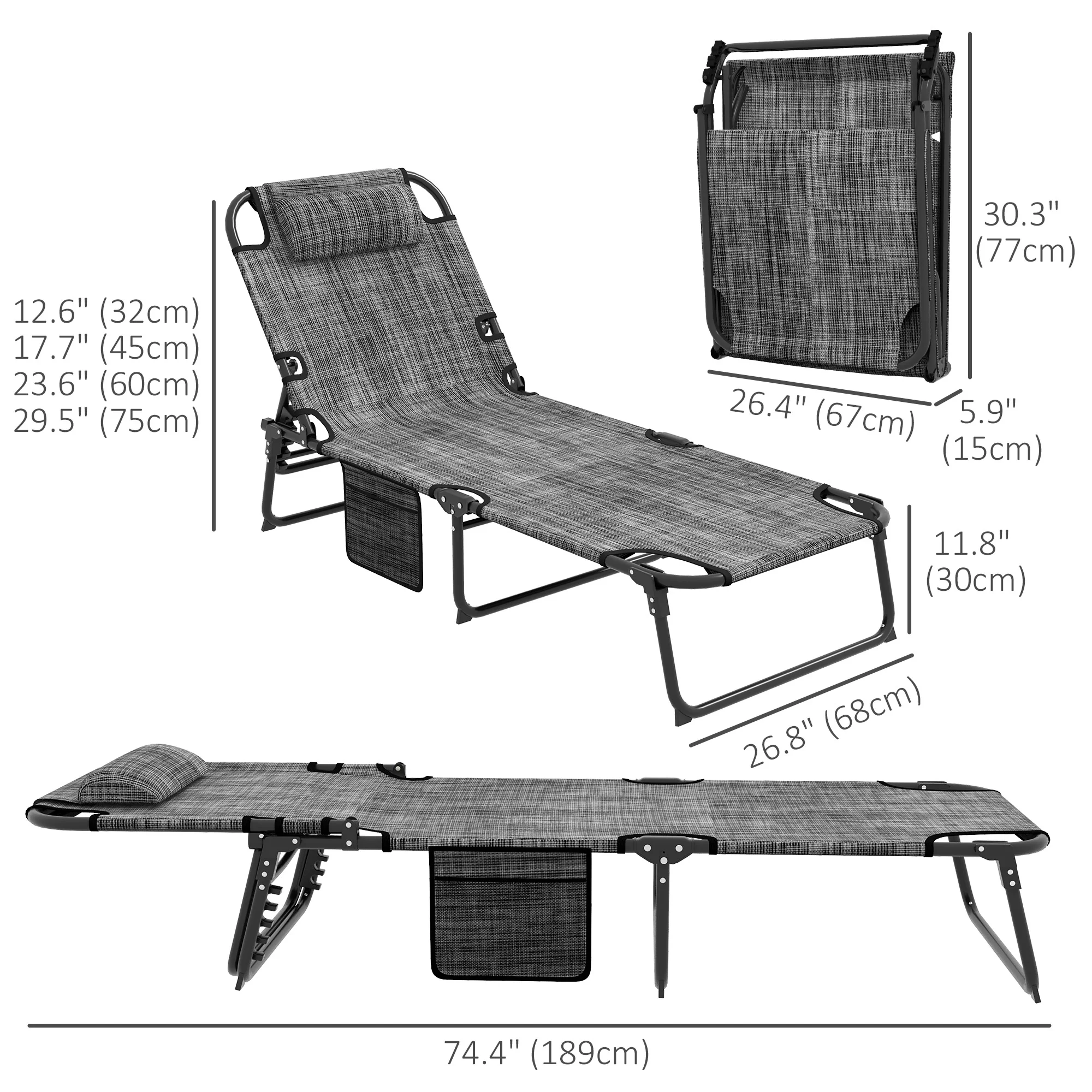 Folding Portable Lounge Chair with 4-level Reclining Back & Cushion for Garden, Grey - Image 5