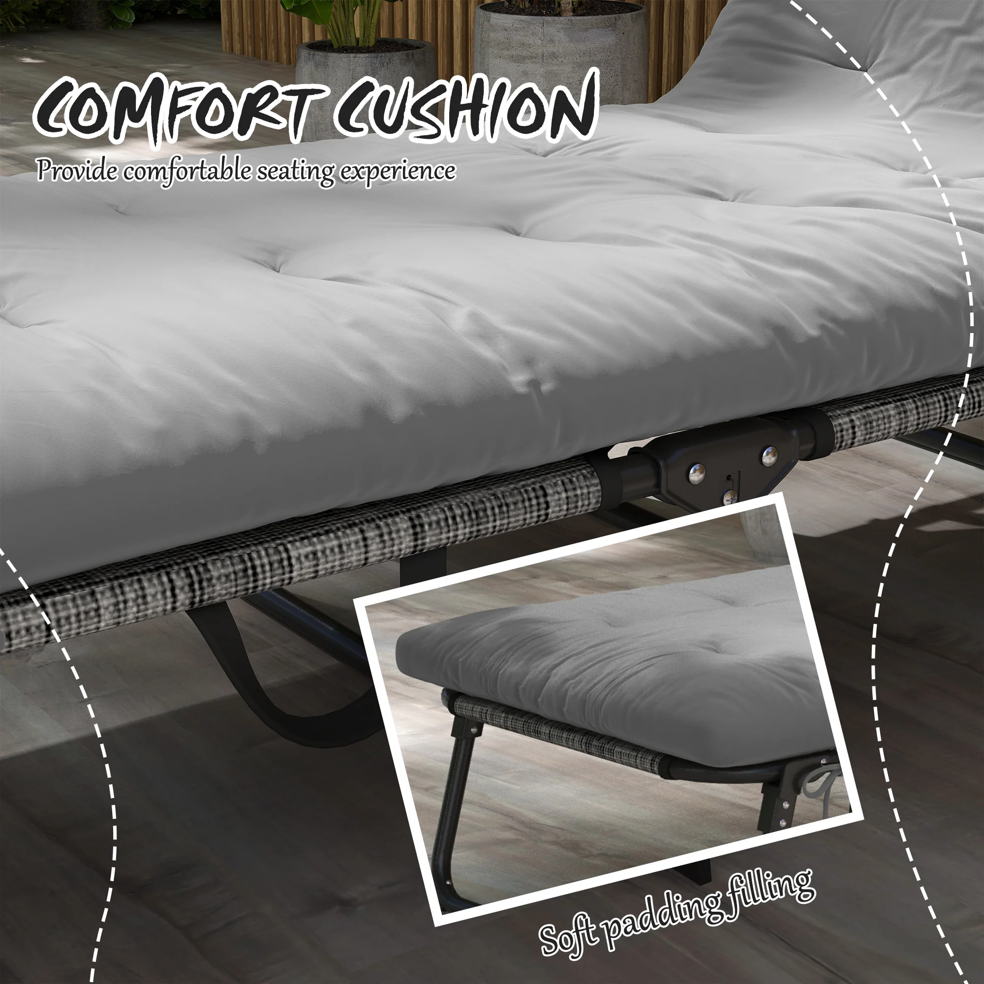 Folding Portable Lounge Chair with 4-level Reclining Back & Cushion for Garden, Grey - Image 9