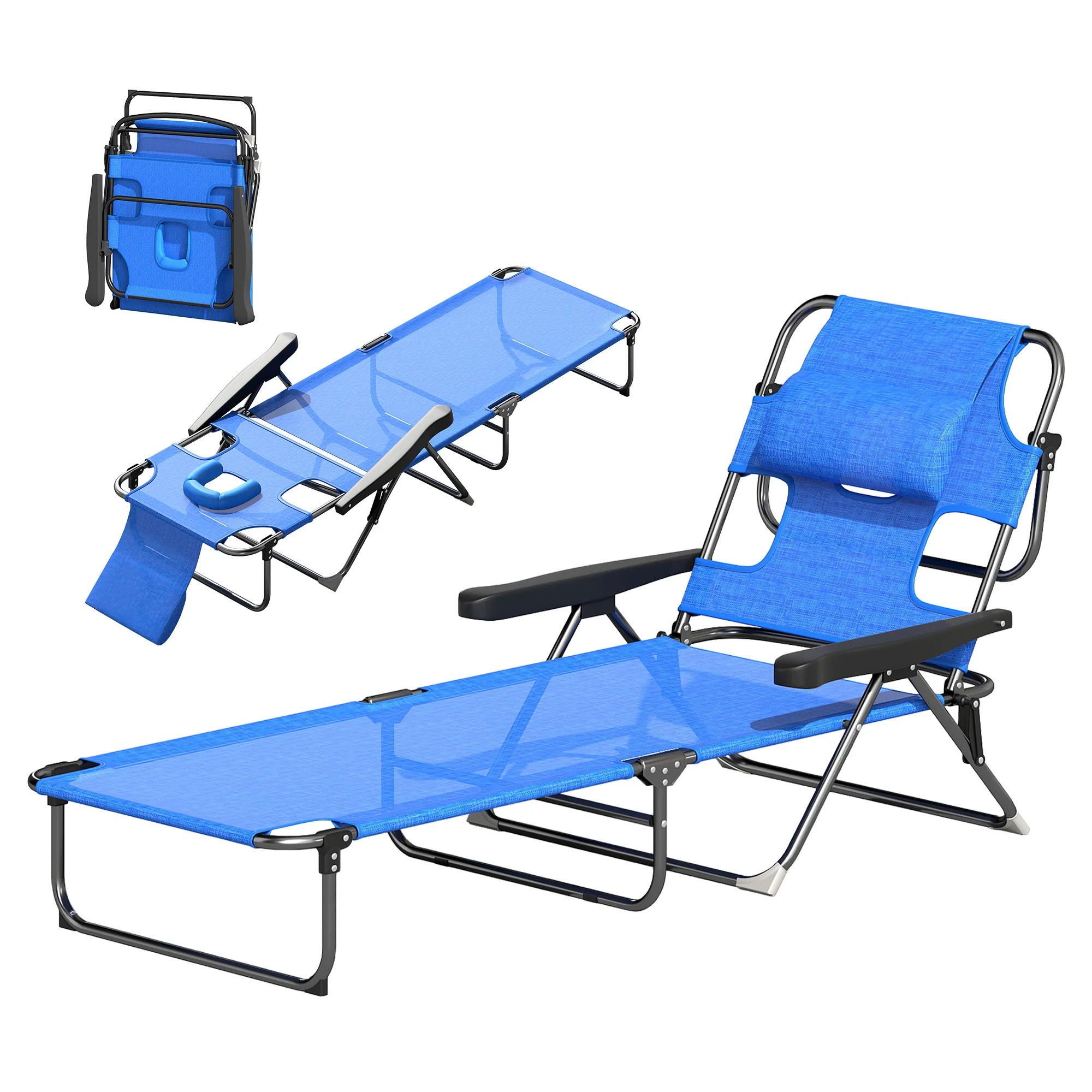 Folding Lounge Chair with Reading Hole and Headrest, Dark Blue - Image 2