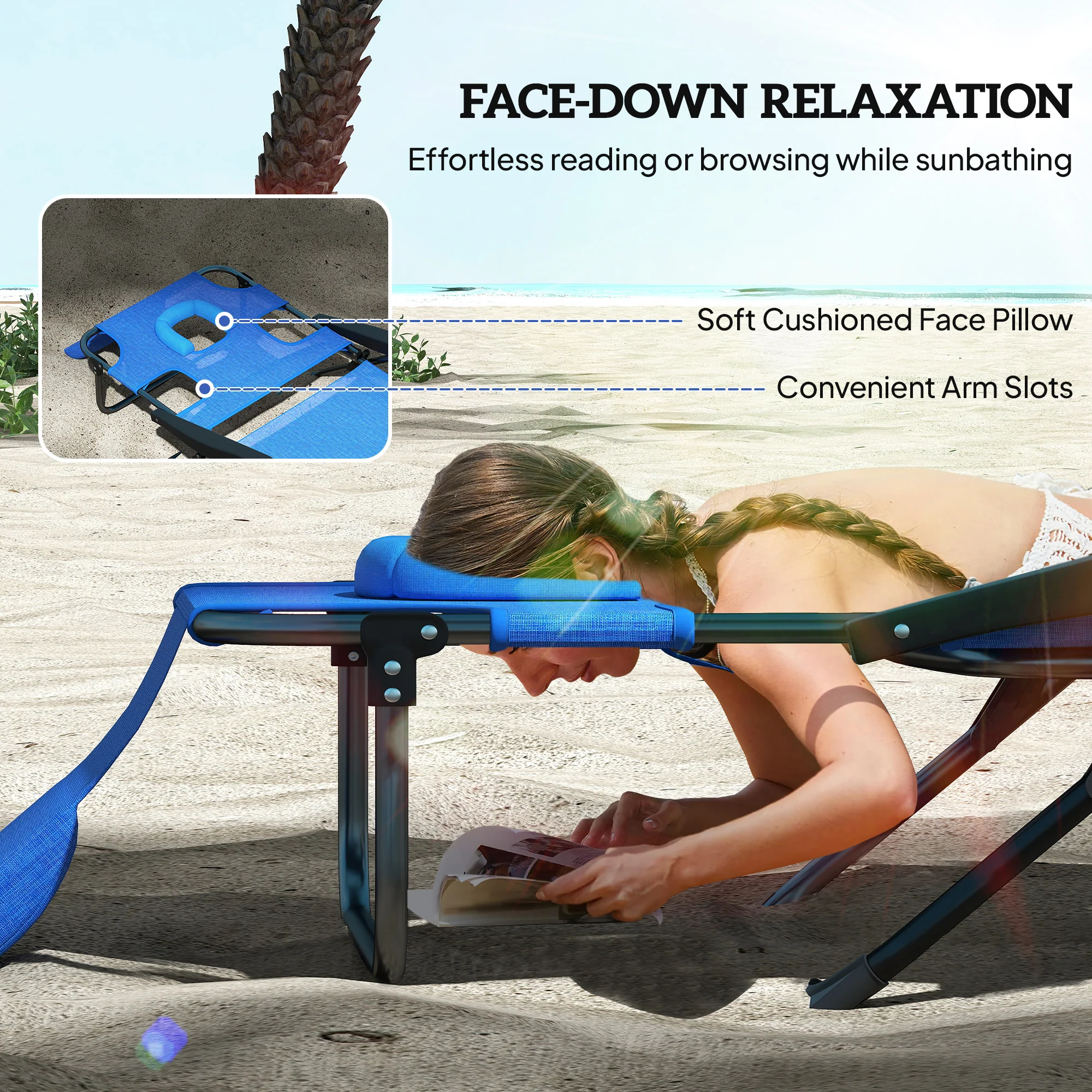 Folding Lounge Chair with Reading Hole and Headrest, Dark Blue - Image 6