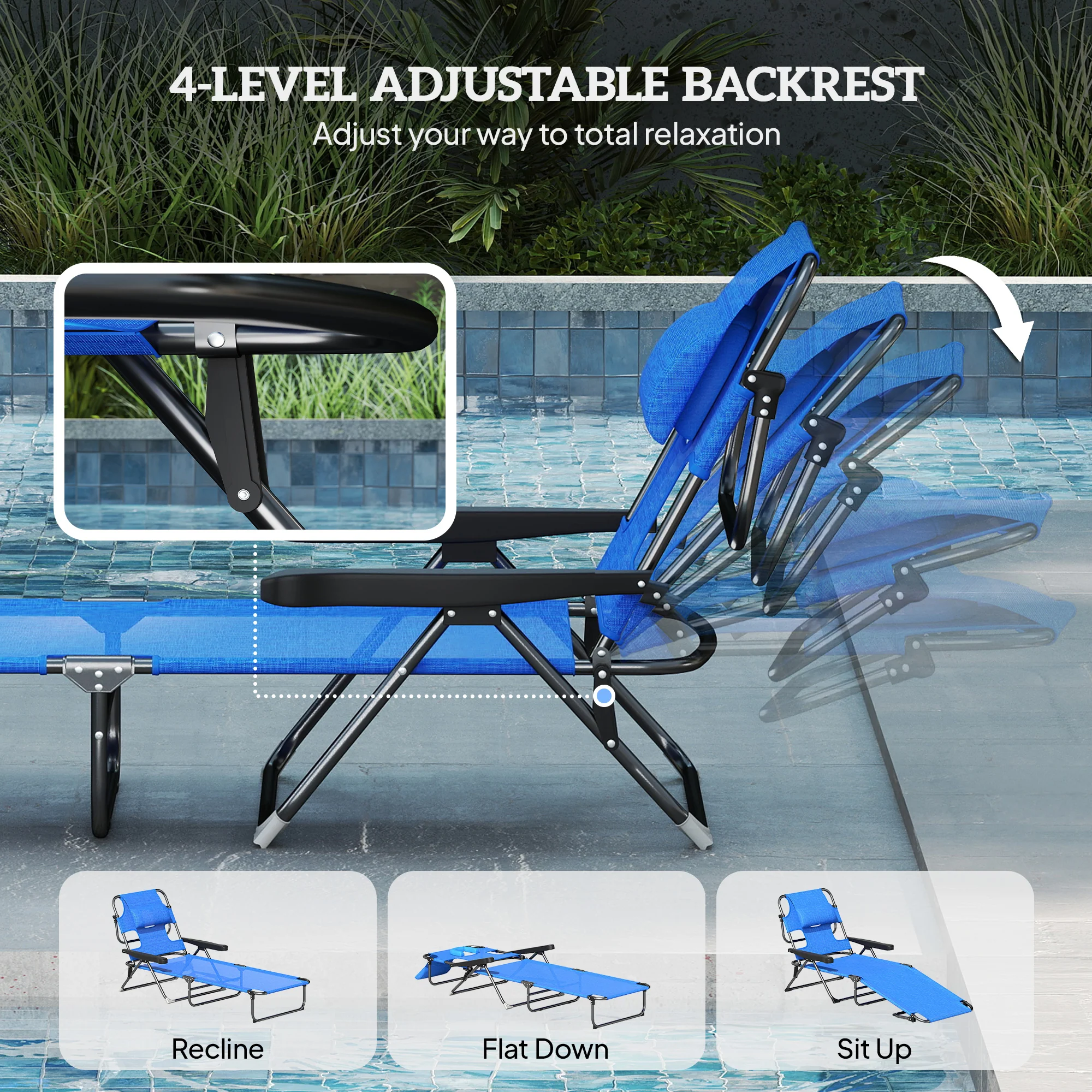 Folding Lounge Chair with Reading Hole and Headrest, Dark Blue - Image 7