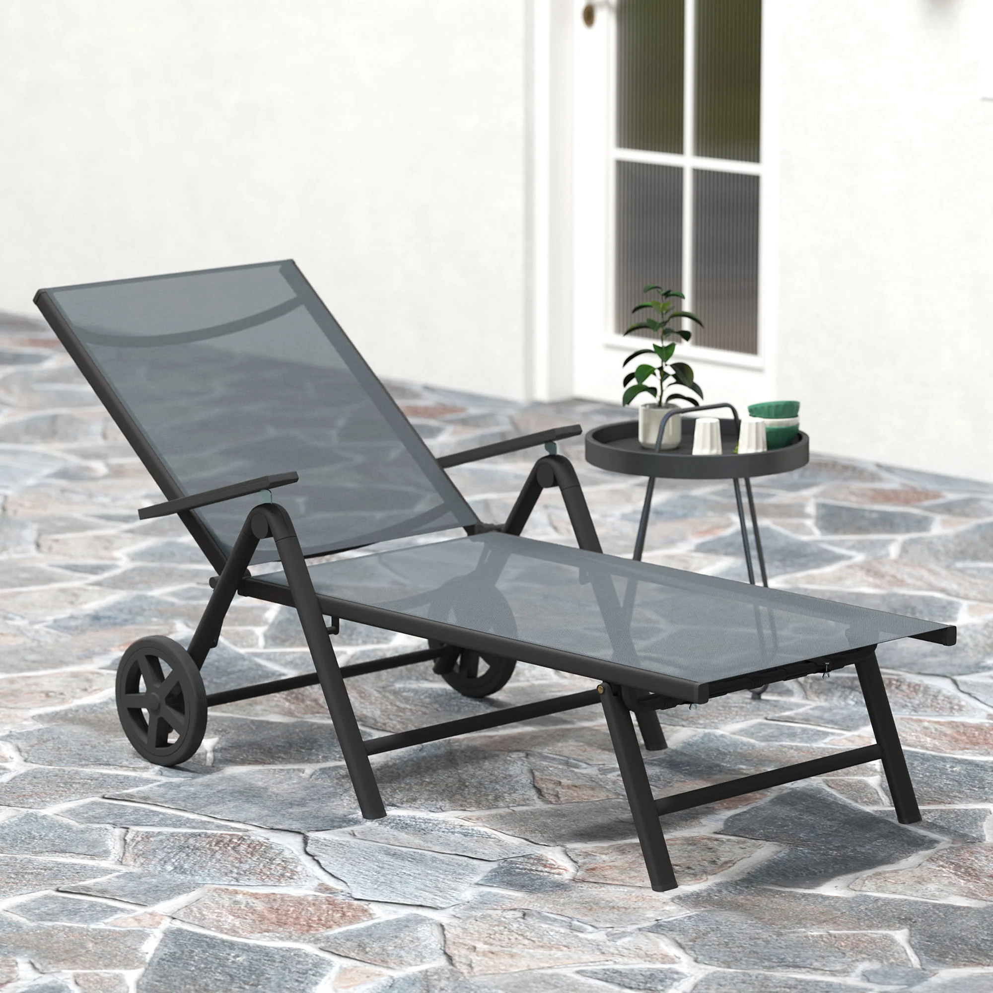 Outdoor 5-Level Adjustable Folding Chaise Chair with 2 Wheels for Backyard, Grey - Image 10