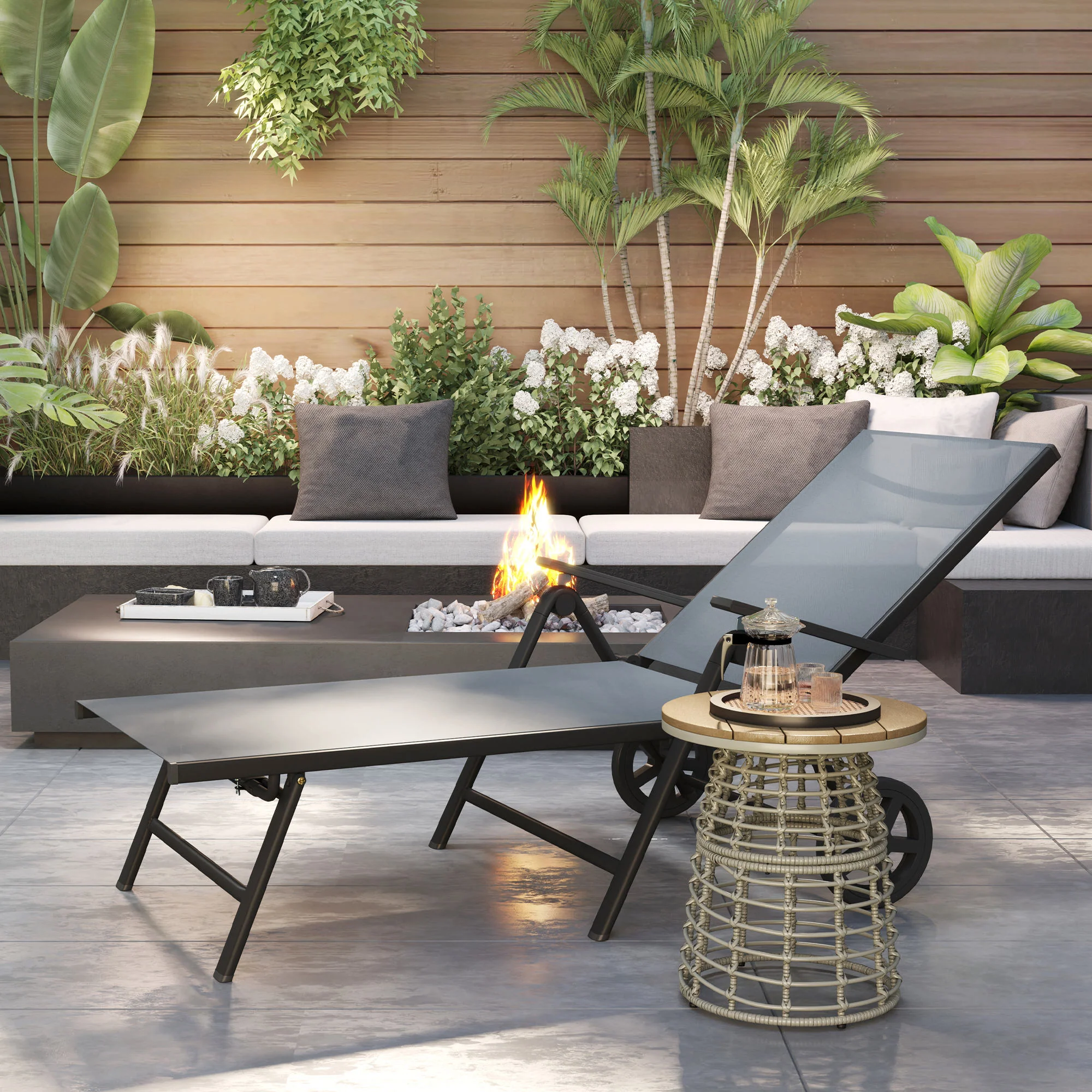 Outdoor 5-Level Adjustable Folding Chaise Chair with 2 Wheels for Backyard, Grey - Image 11
