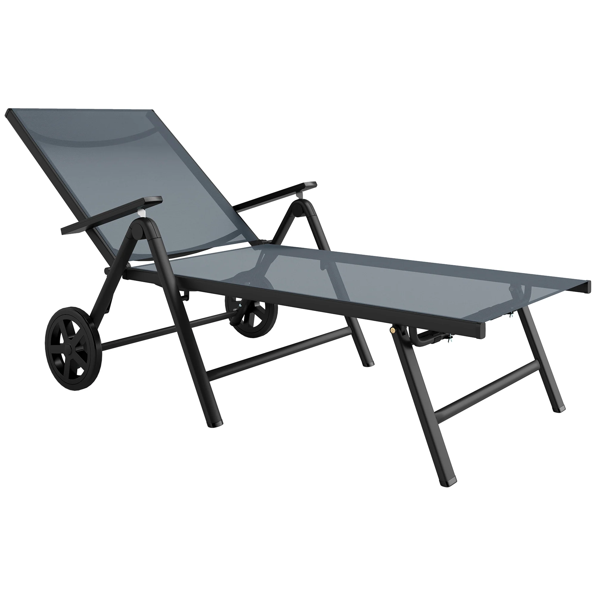 Outdoor 5-Level Adjustable Folding Chaise Chair with 2 Wheels for Backyard, Grey - Image 12