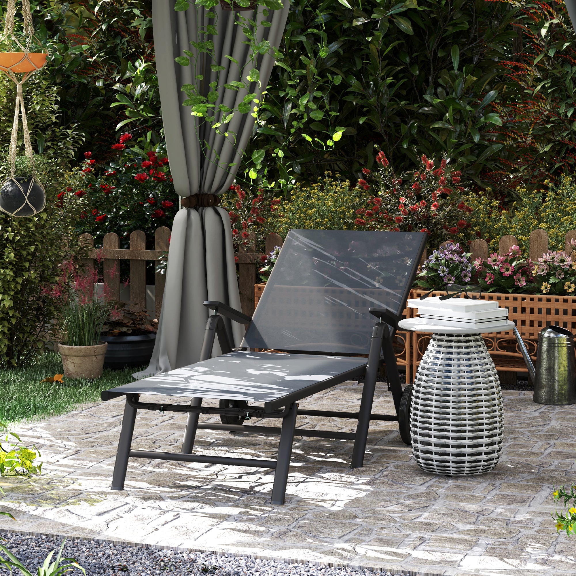 Outdoor 5-Level Adjustable Folding Chaise Chair with 2 Wheels for Backyard, Grey - Image 3