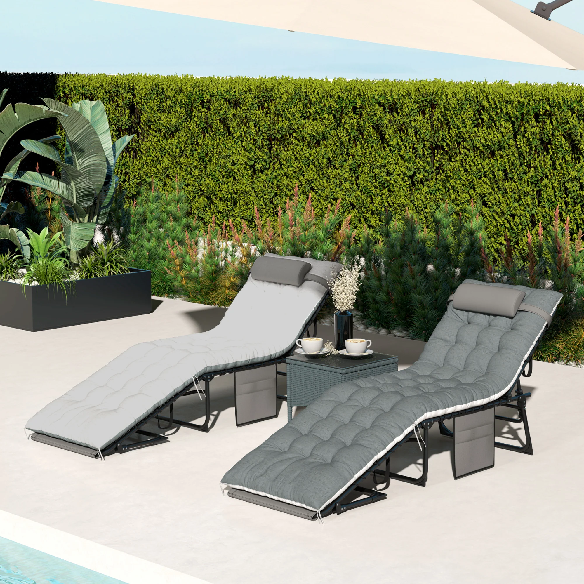 Set of 2 Folding Lounge Chairs with Cushion and Side Pocket, Grey - Image 10