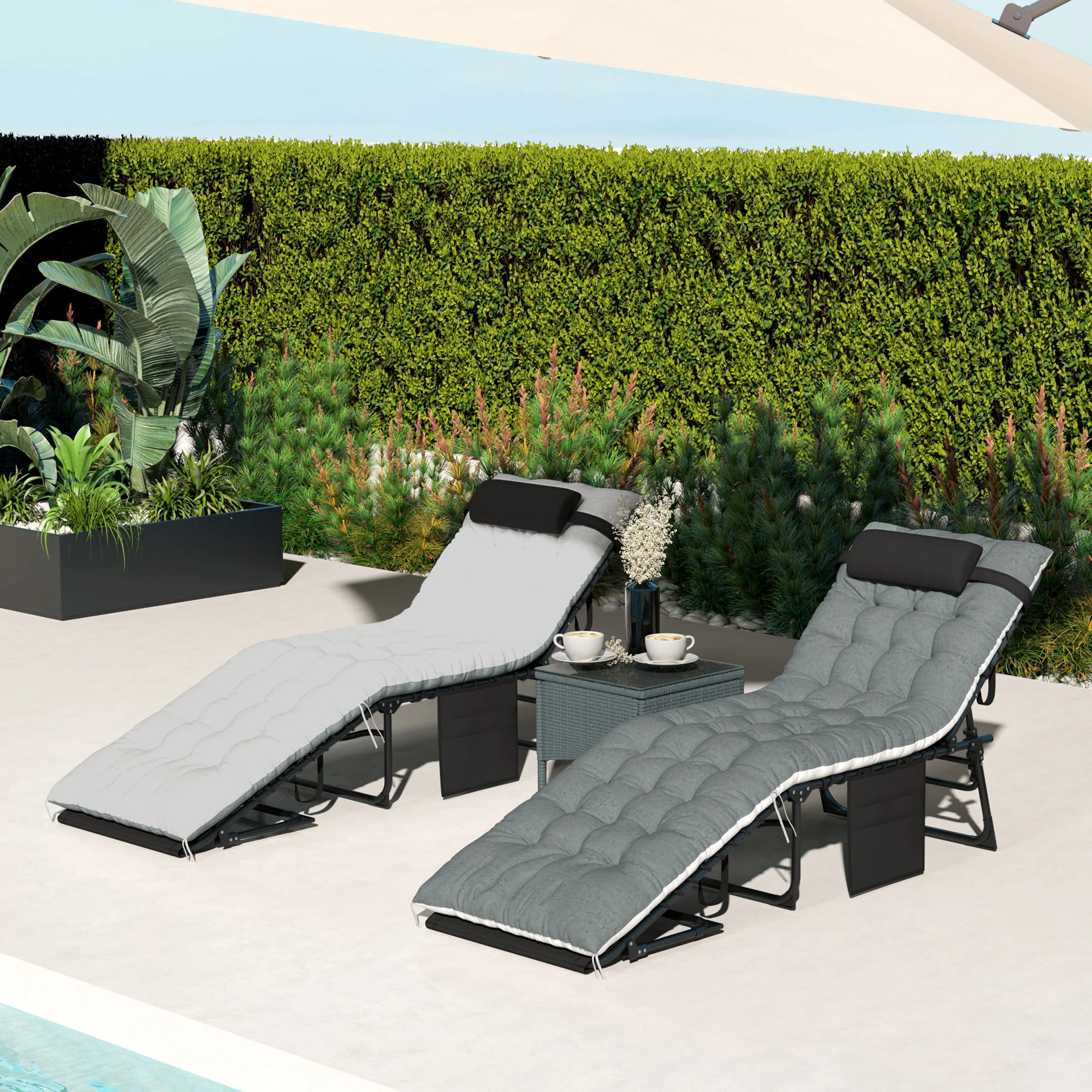 Set of 2 Folding Lounge Chairs with Cushion and Side Pocket, Black/Grey - Image 10