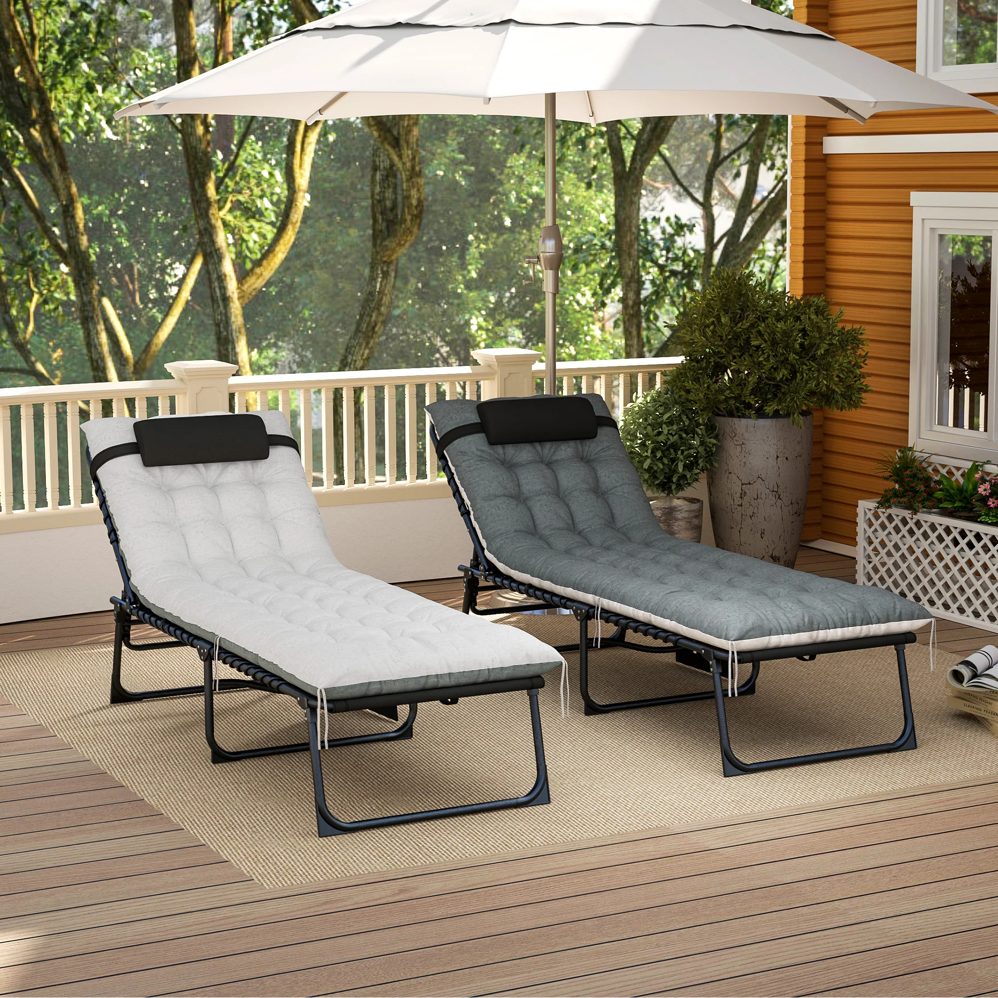 Set of 2 Folding Lounge Chairs with Cushion and Side Pocket, Black/Grey - Image 11