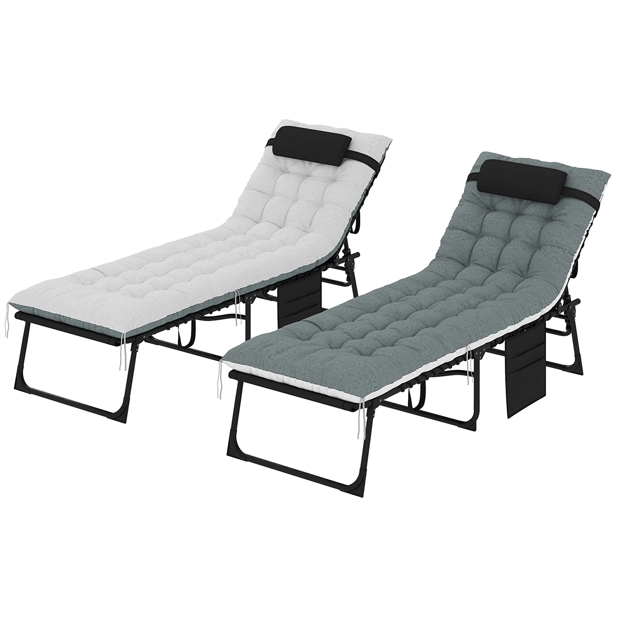Set of 2 Folding Lounge Chairs with Cushion and Side Pocket, Black/Grey - Image 12