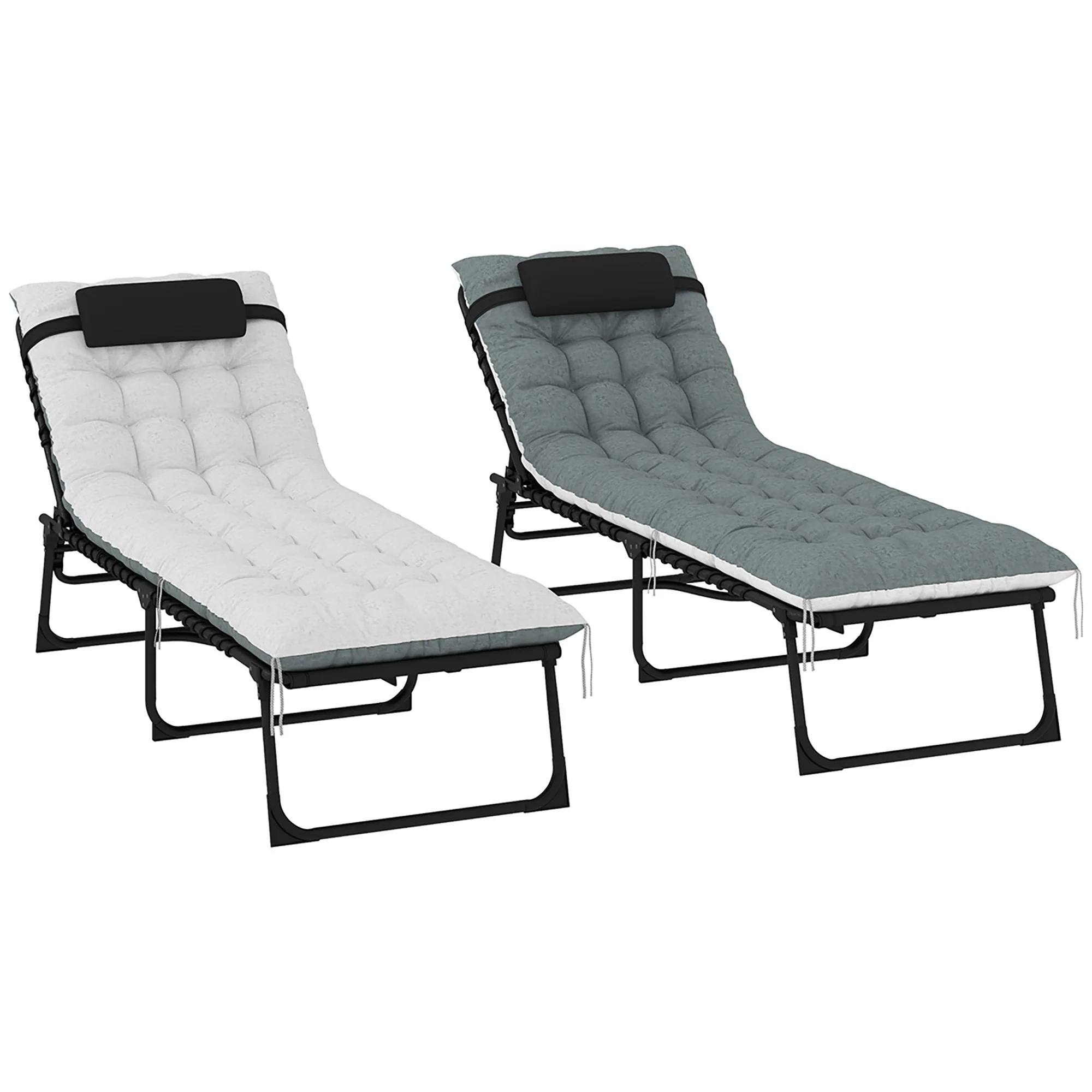 Set of 2 Folding Lounge Chairs with Cushion and Side Pocket, Black/Grey - Image 2