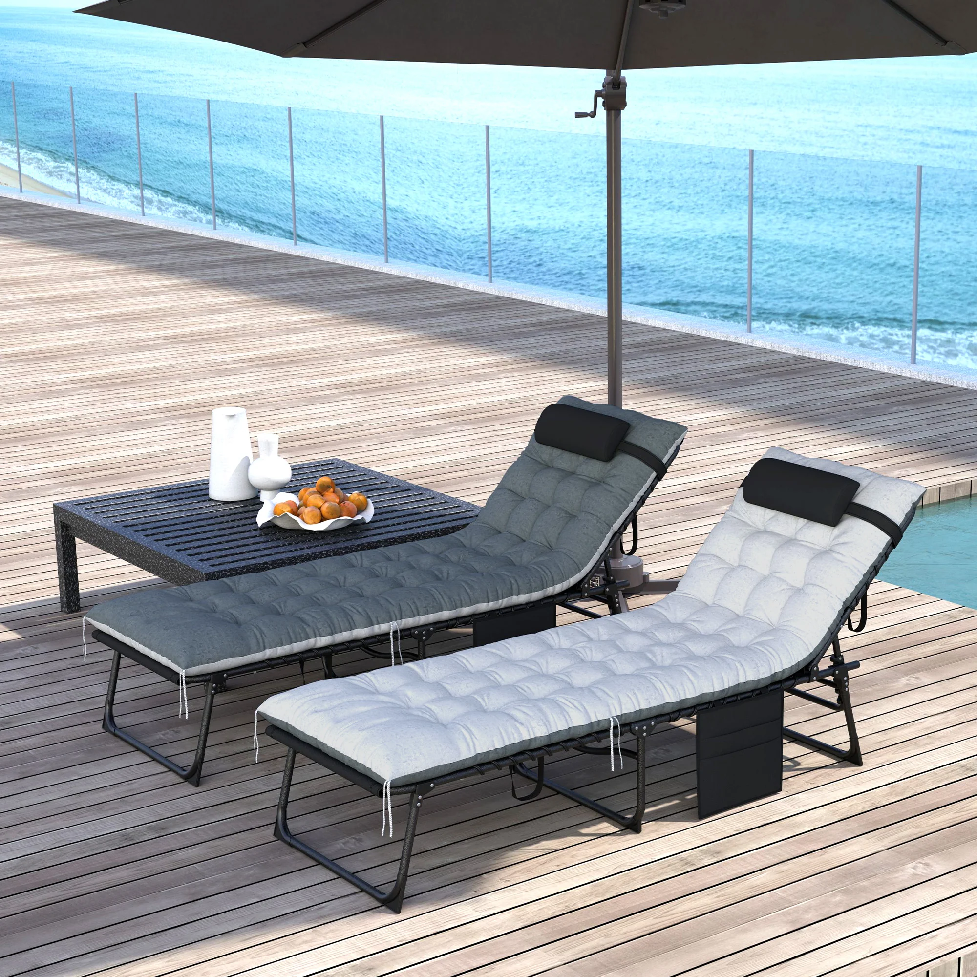 Set of 2 Folding Lounge Chairs with Cushion and Side Pocket, Black/Grey - Image 3