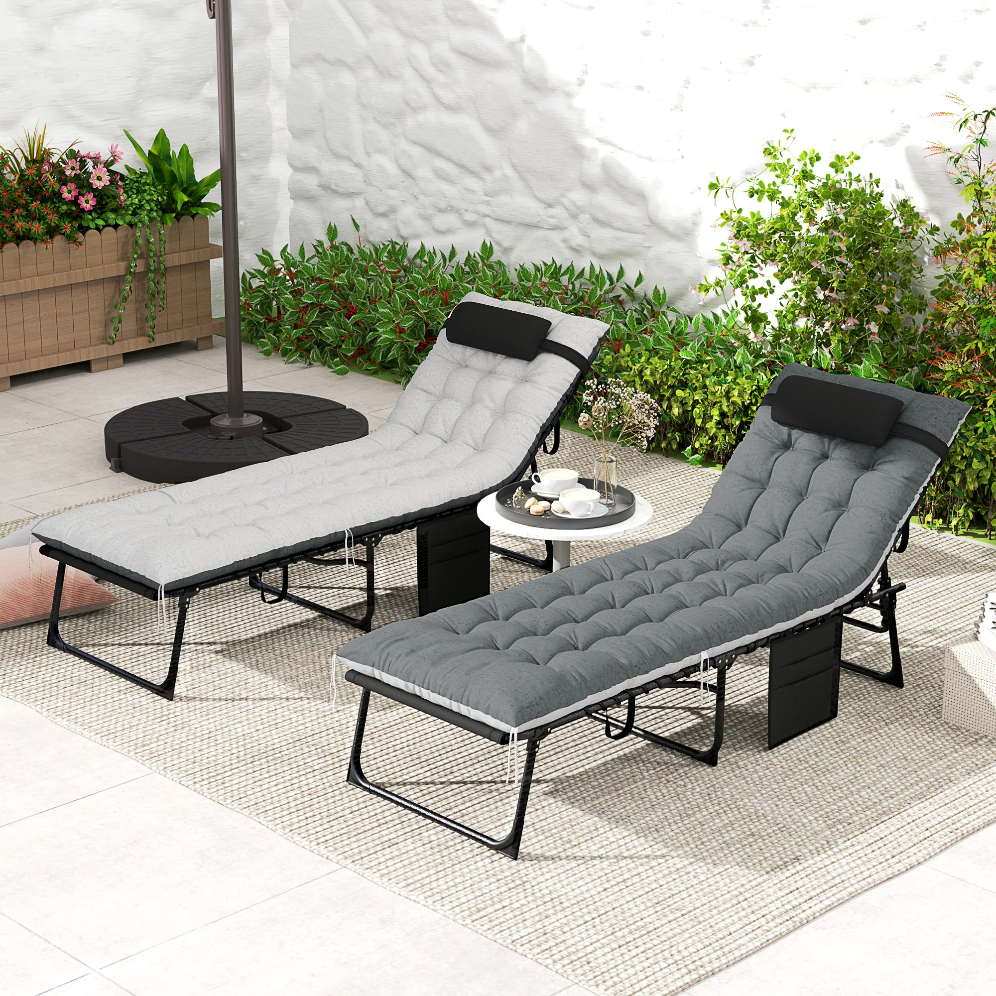 Set of 2 Folding Lounge Chairs with Cushion and Side Pocket, Black/Grey - Image 4