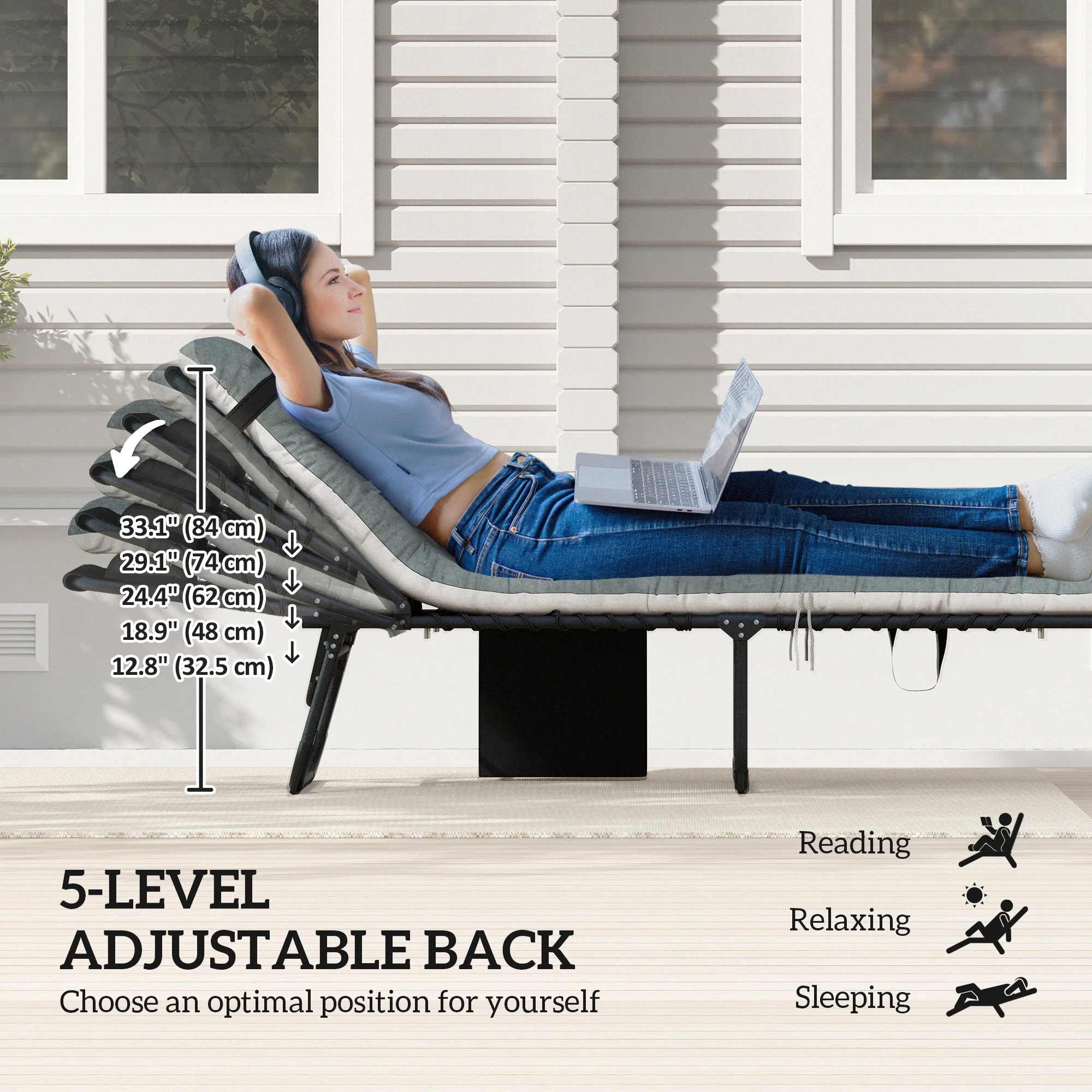 Set of 2 Folding Lounge Chairs with Cushion and Side Pocket, Black/Grey - Image 6
