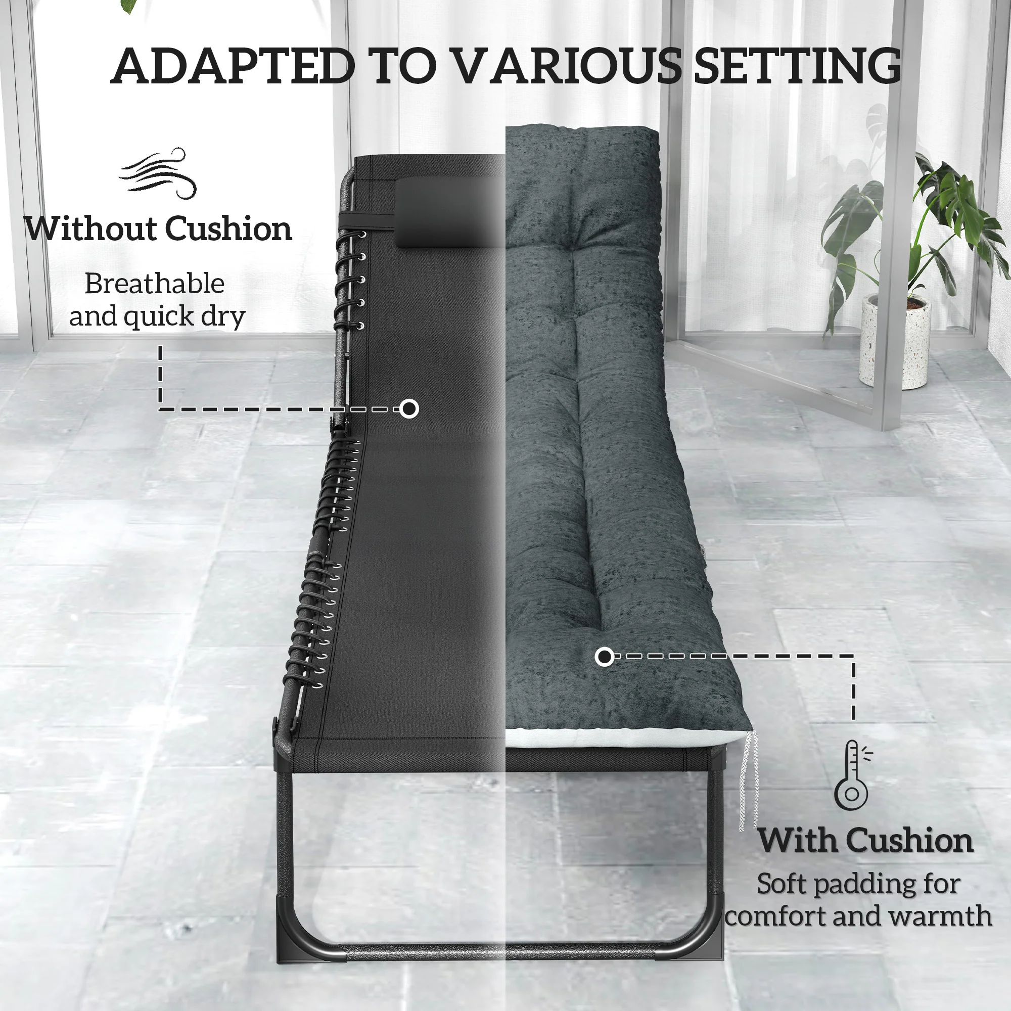 Set of 2 Folding Lounge Chairs with Cushion and Side Pocket, Black/Grey - Image 7