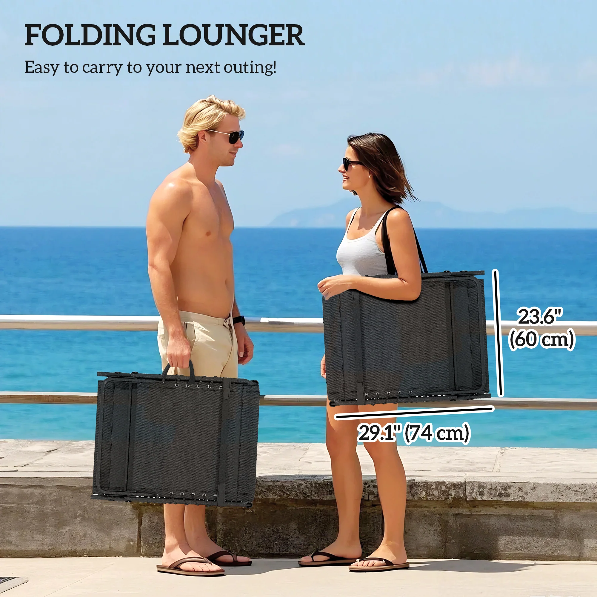 Set of 2 Folding Lounge Chairs with Cushion and Side Pocket, Black/Grey - Image 8
