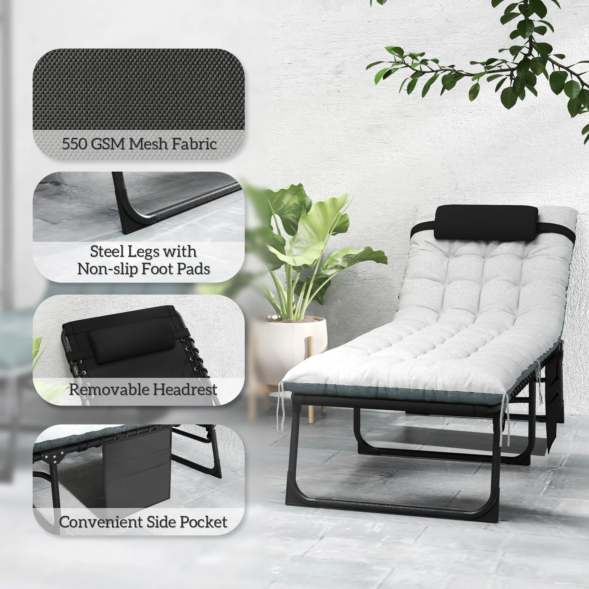 Set of 2 Folding Lounge Chairs with Cushion and Side Pocket, Black/Grey - Image 9