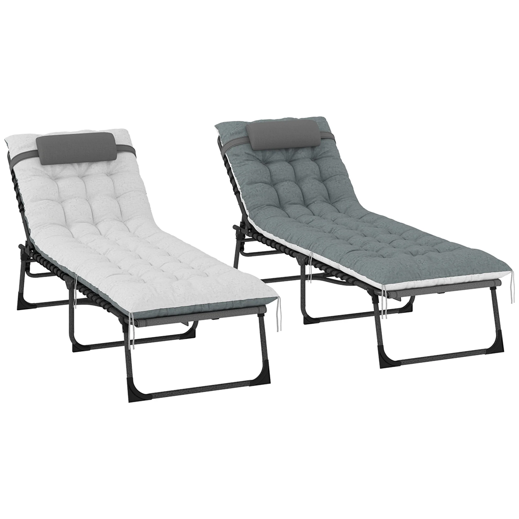 Set of 2 Folding Lounge Chairs with Cushion and Side Pocket, Grey - Image 2
