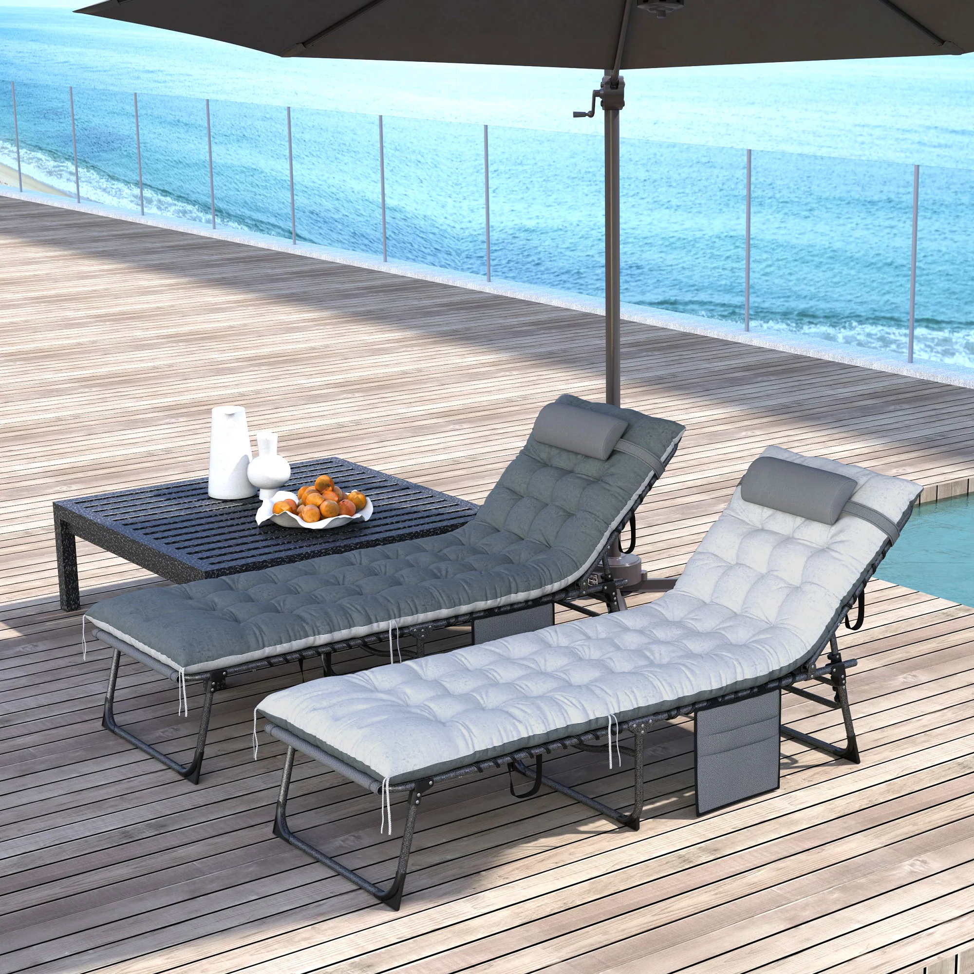 Set of 2 Folding Lounge Chairs with Cushion and Side Pocket, Grey - Image 3